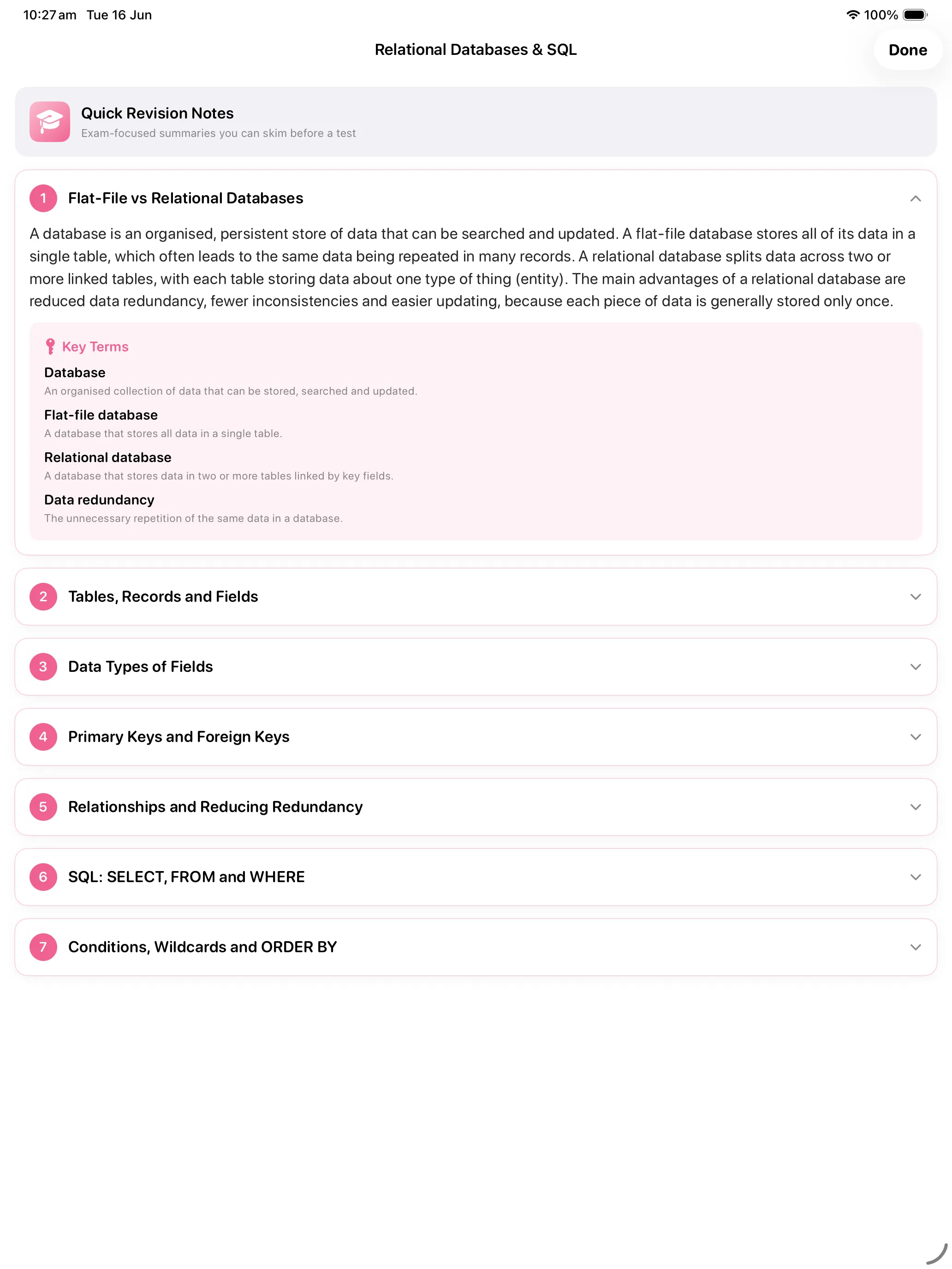 iPad Screenshot - Revision Notes with key terms