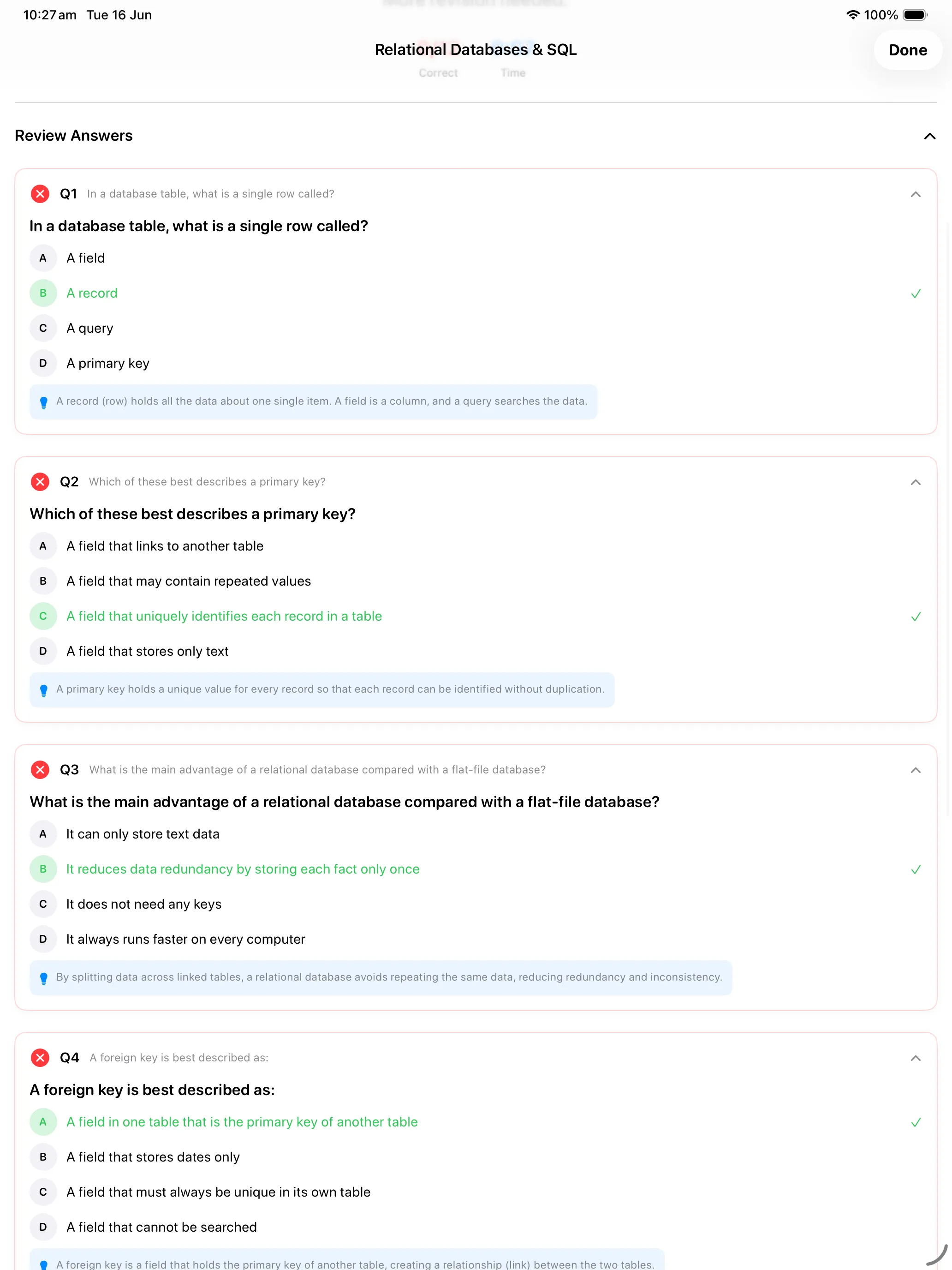 iPad Screenshot - Review answers with explanations