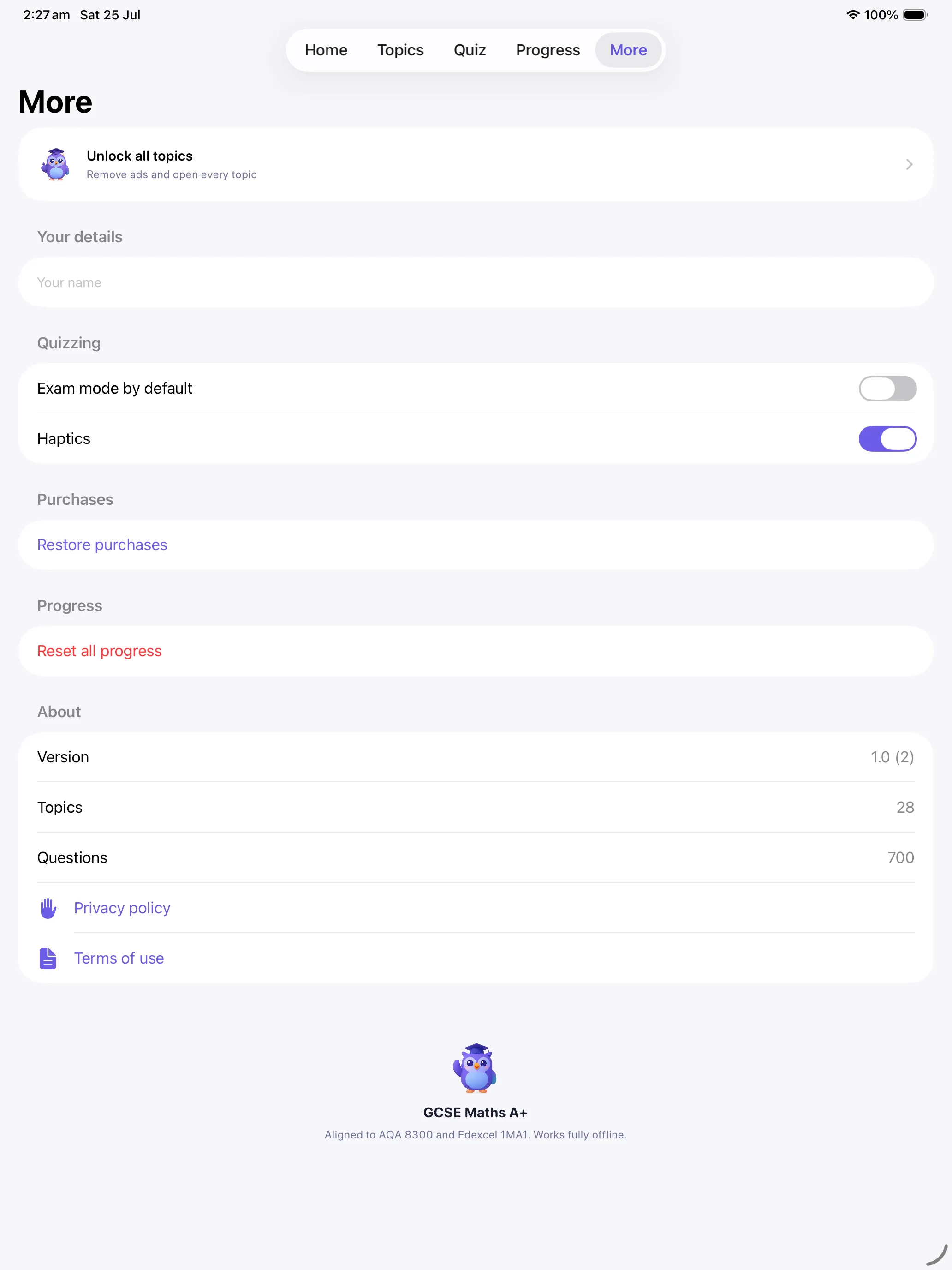 The More tab on iPad with unlock, name, exam mode default, haptics, restore purchases, reset progress and about