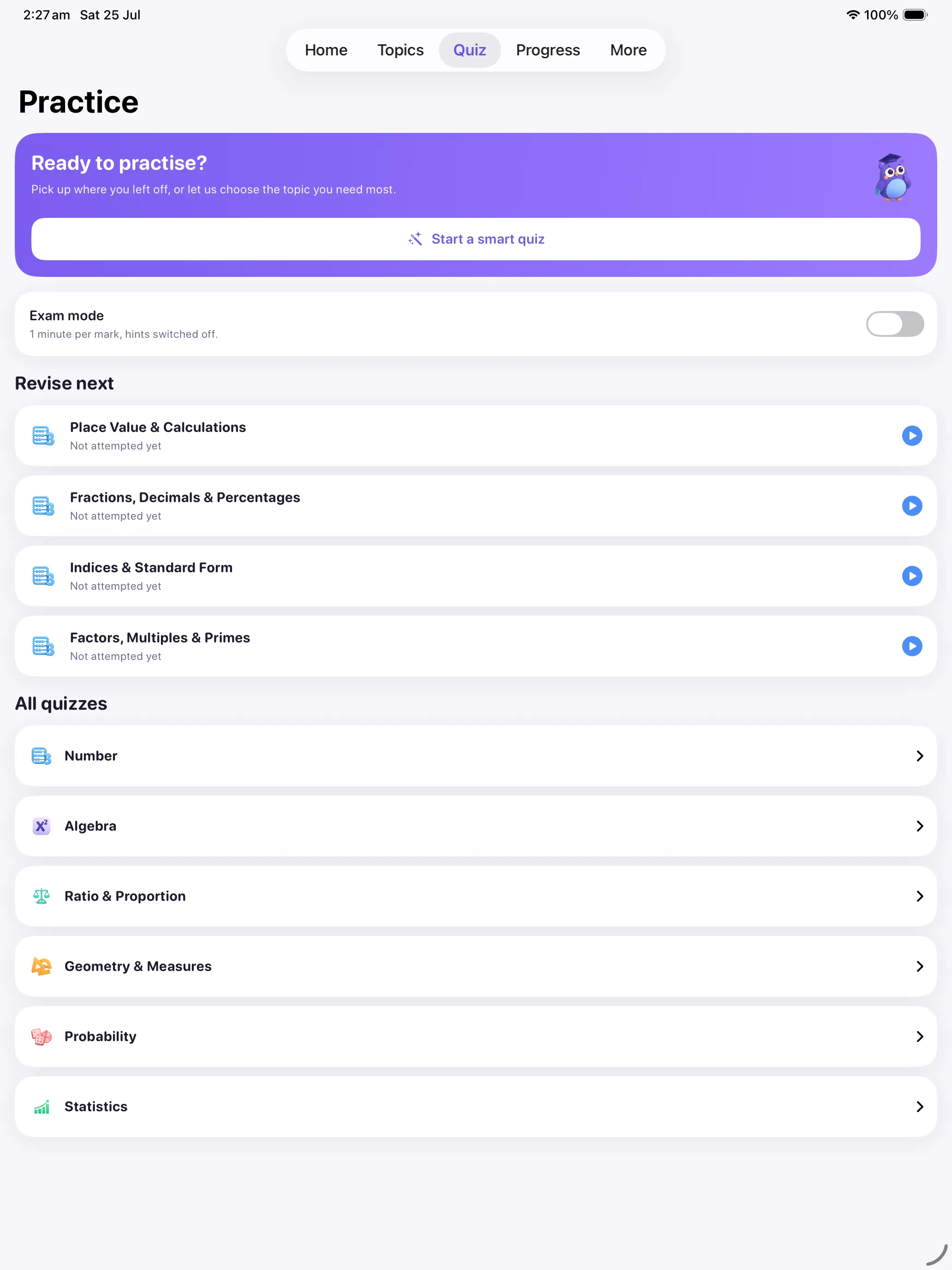 The Practice tab on iPad with Start a smart quiz, Exam mode, Revise next and all quizzes by strand