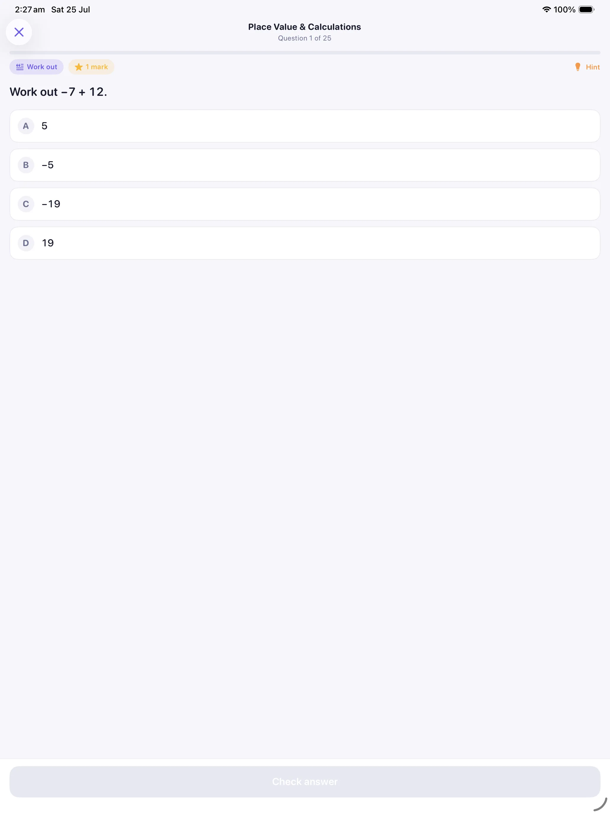 A multiple-choice quiz question on iPad showing the command word, the mark value and four options