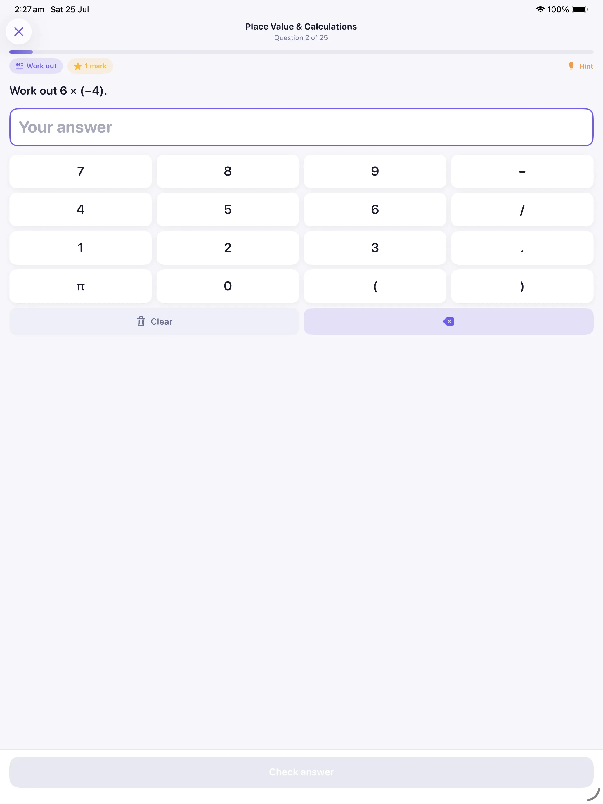 A type-in quiz question on iPad with the maths keypad and a Check answer button