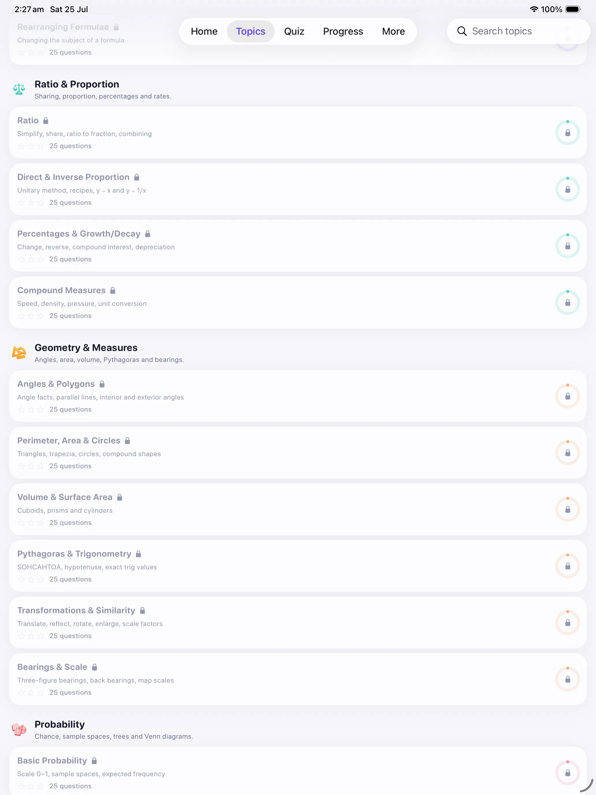 Ratio and Proportion, Geometry and Measures and Probability topics on iPad, each showing 25 questions