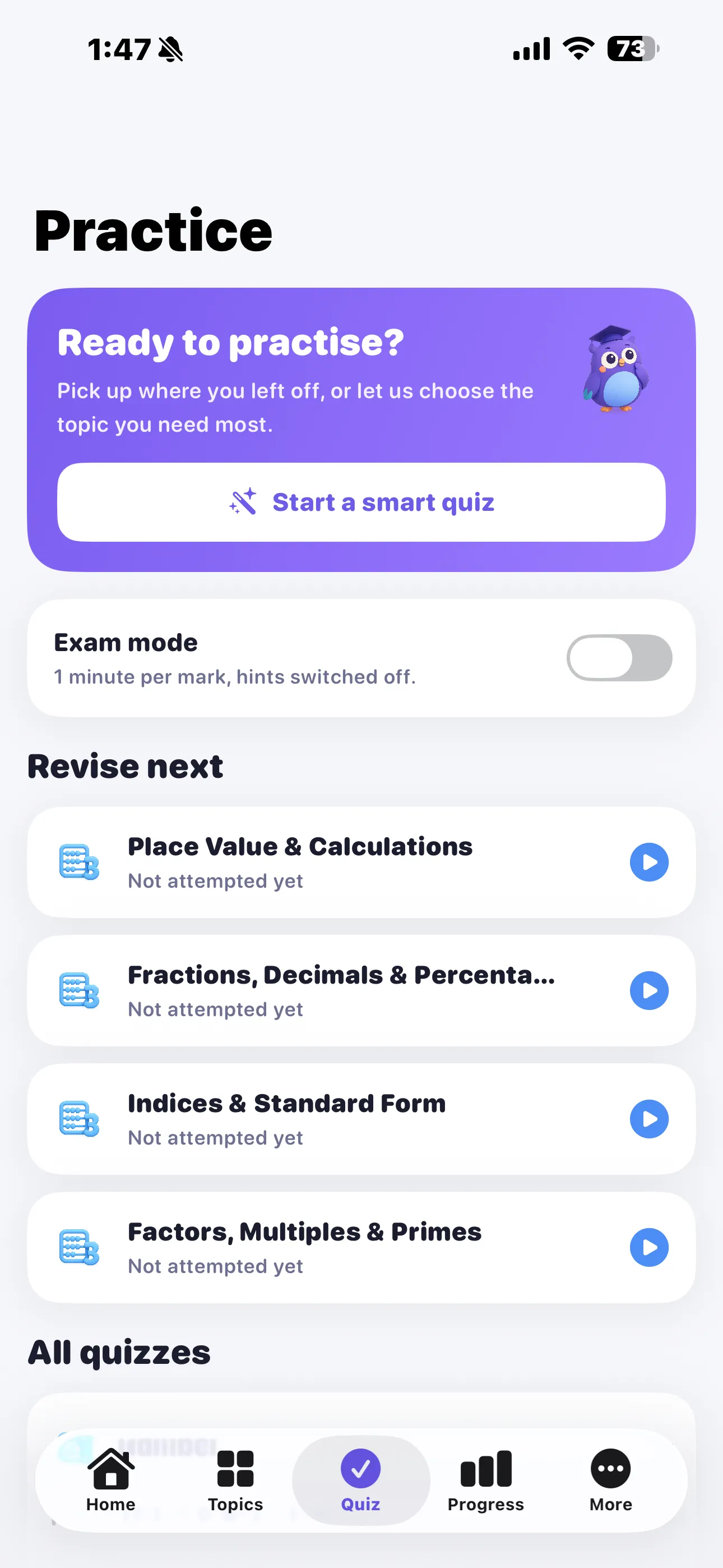 The Practice tab with Start a smart quiz, an Exam mode switch and a Revise next list of topics