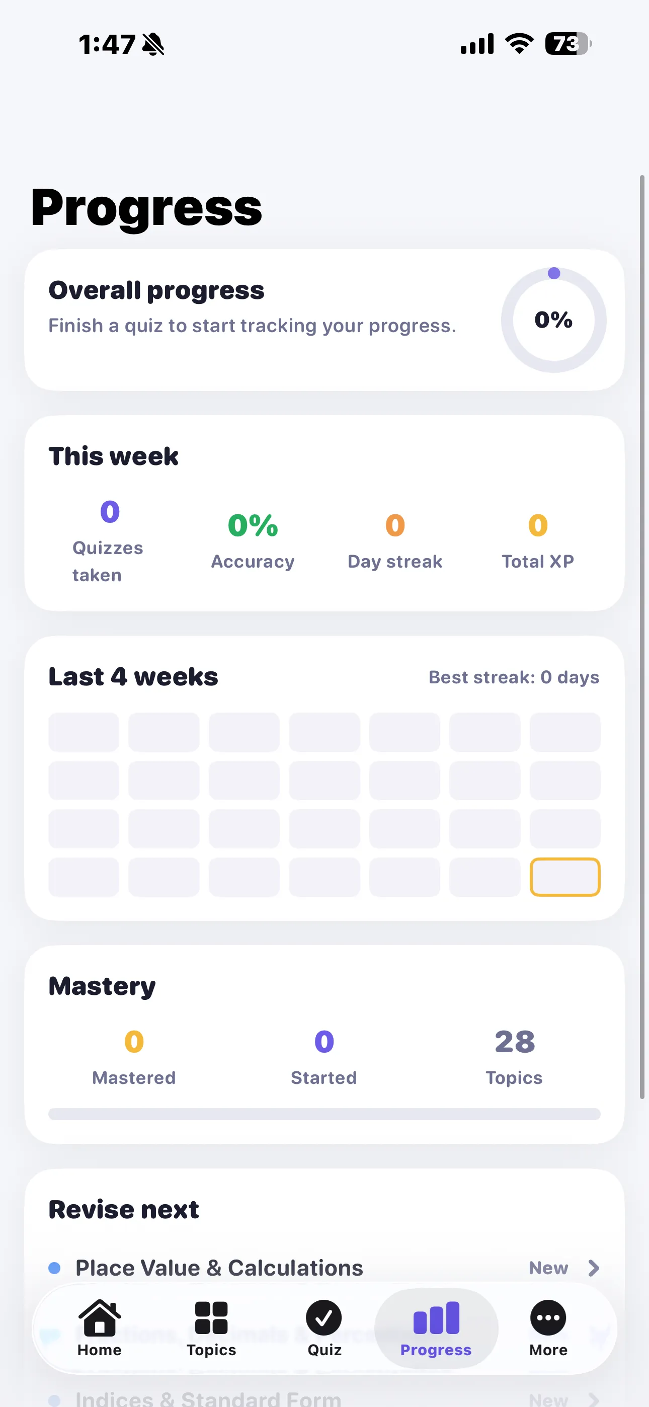 The Progress tab showing overall progress, weekly quizzes and accuracy, a four-week activity grid and mastery across 28 topics
