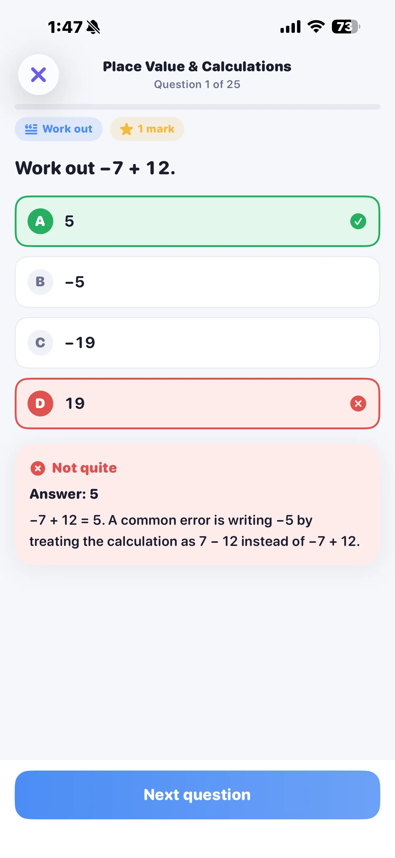 A multiple-choice question with the correct option in green, the chosen option in red and an explanation underneath
