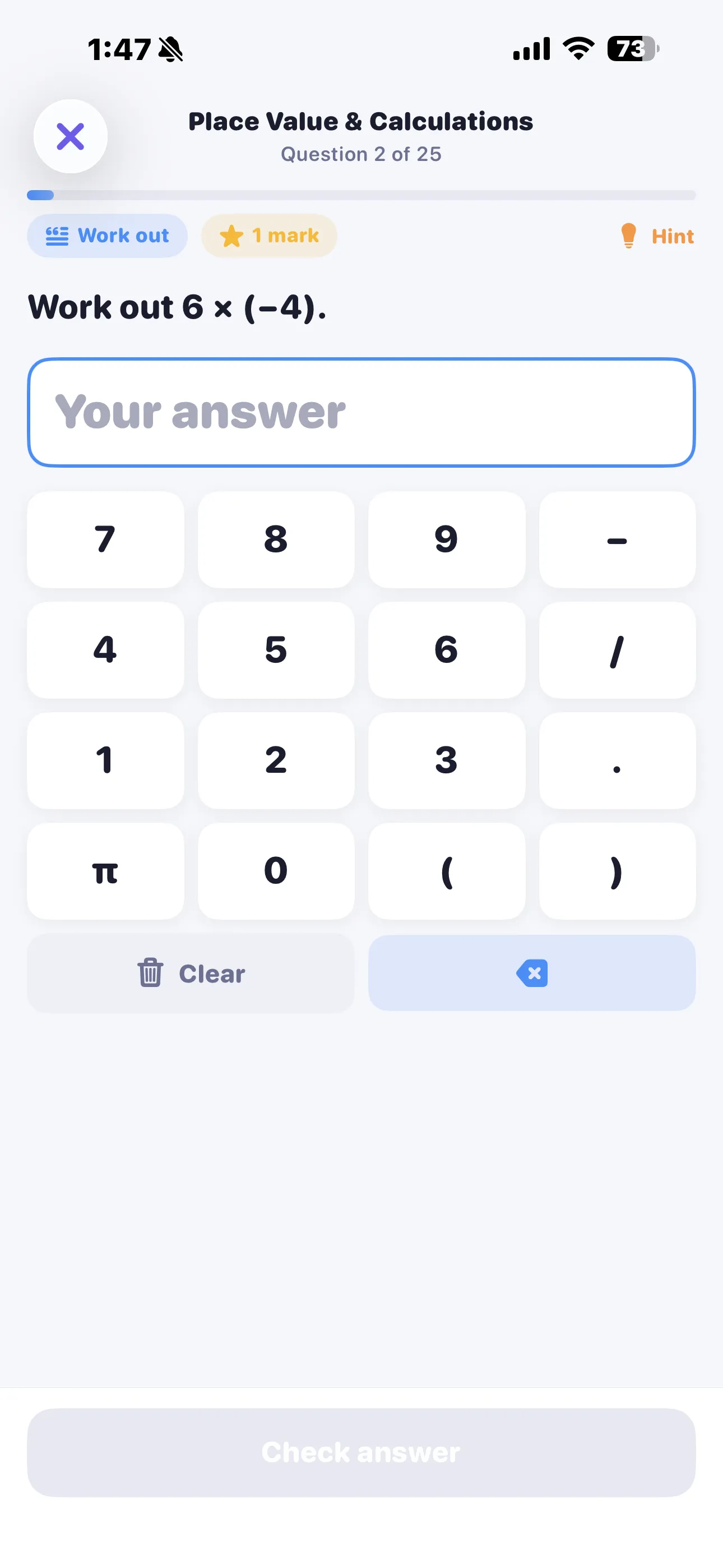 A type-in question asking to work out 6 times minus 4, with a maths keypad including pi, brackets and a fraction slash