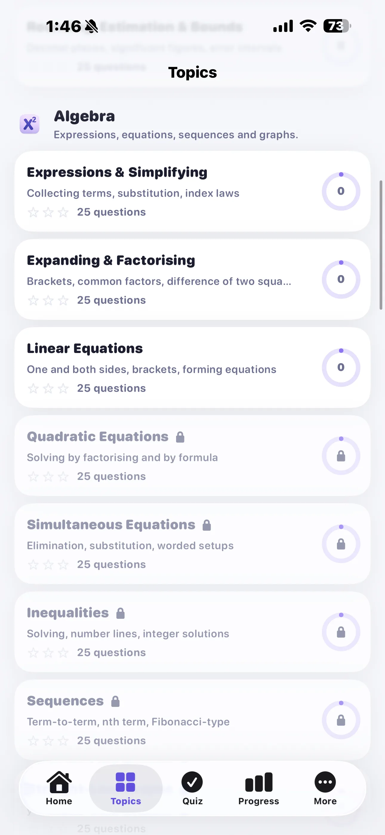 The Algebra strand with the first three topics open and Quadratic Equations onwards marked with a padlock
