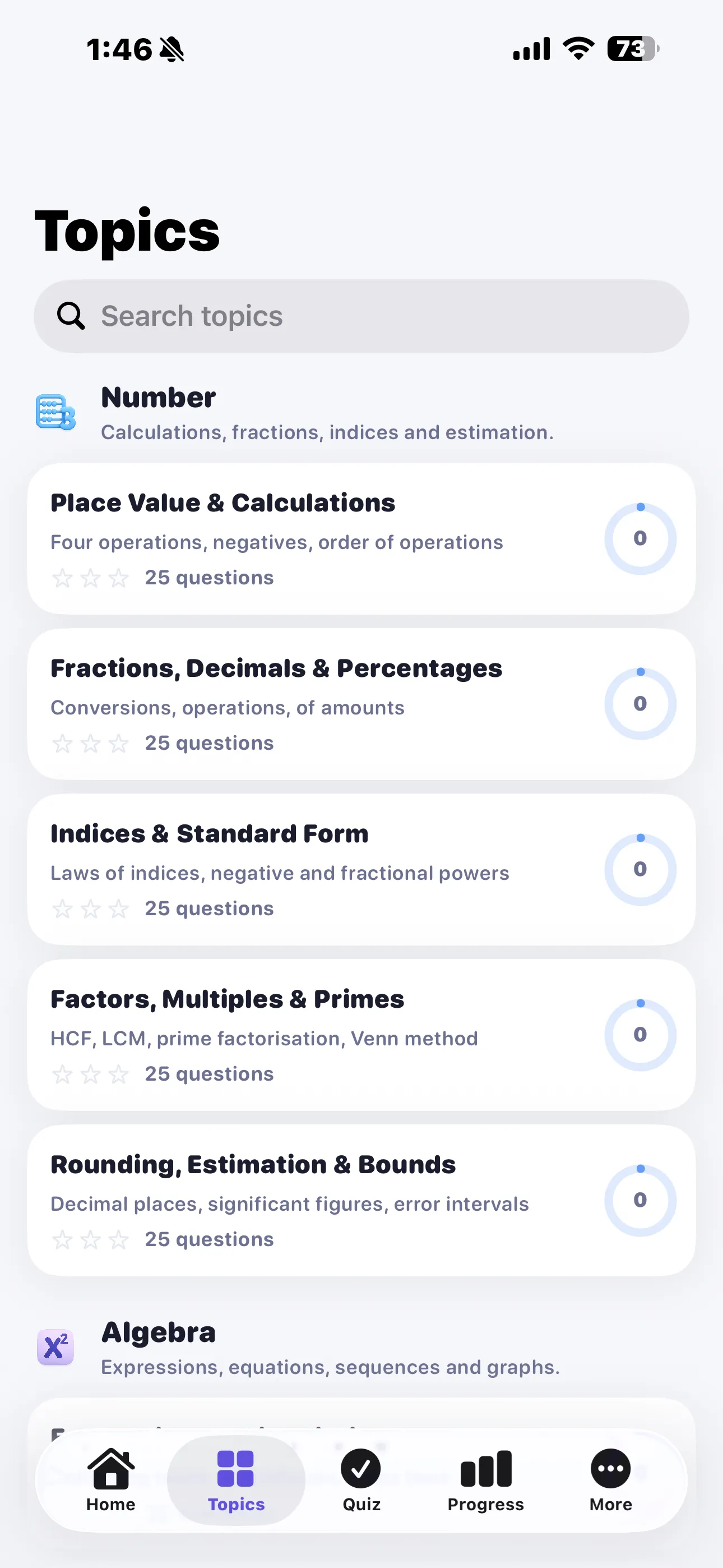 The Topics screen with a search field and the five Number topics, each showing 25 questions and a star rating