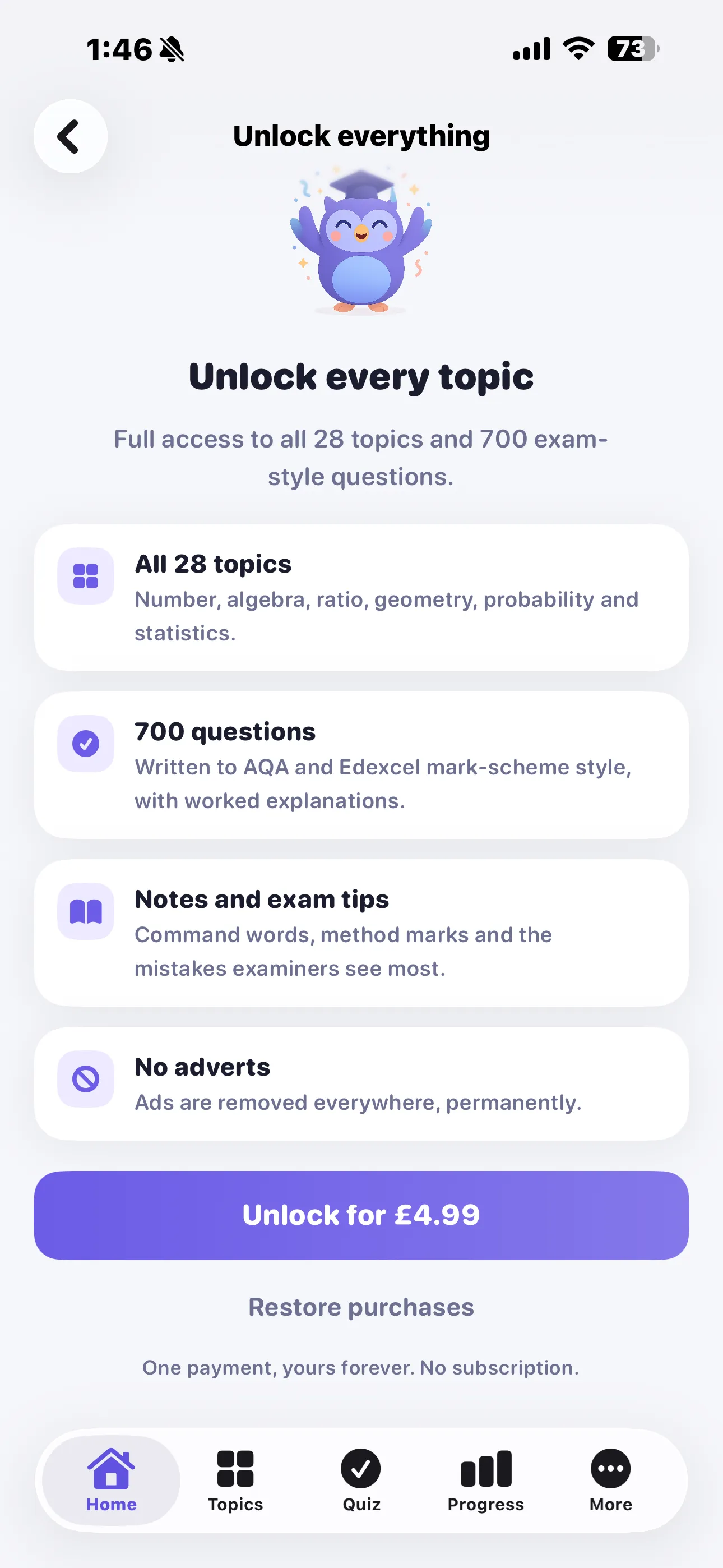 The Unlock every topic screen listing all 28 topics, 700 questions, notes and exam tips and no adverts, with an Unlock for 4.99 pounds button