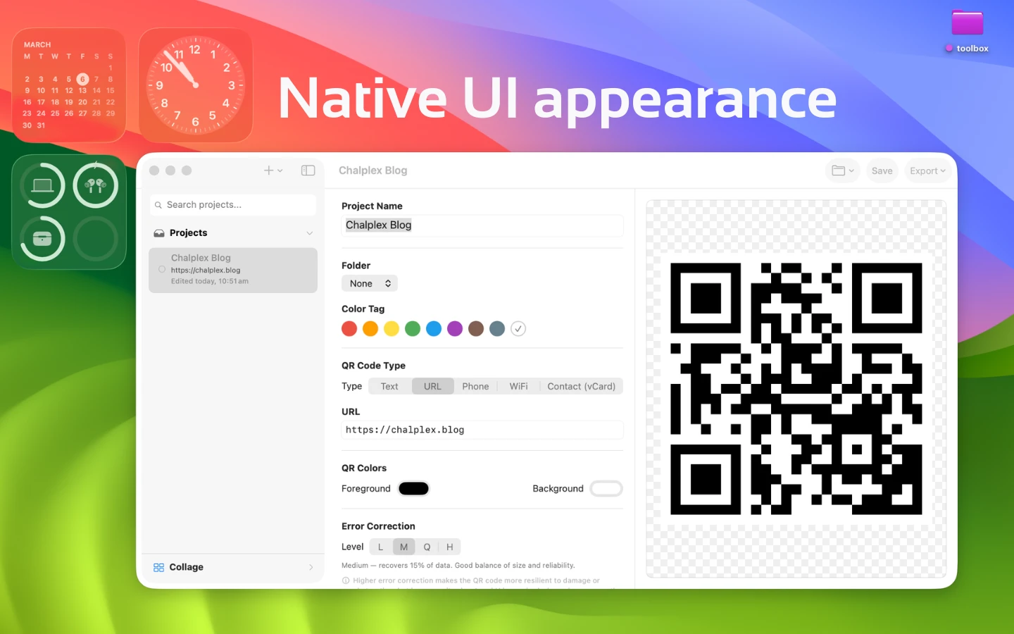 Gen QR native macOS interface with URL QR code