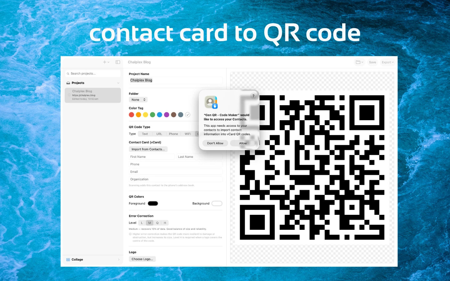 Gen QR contact card vCard to QR code