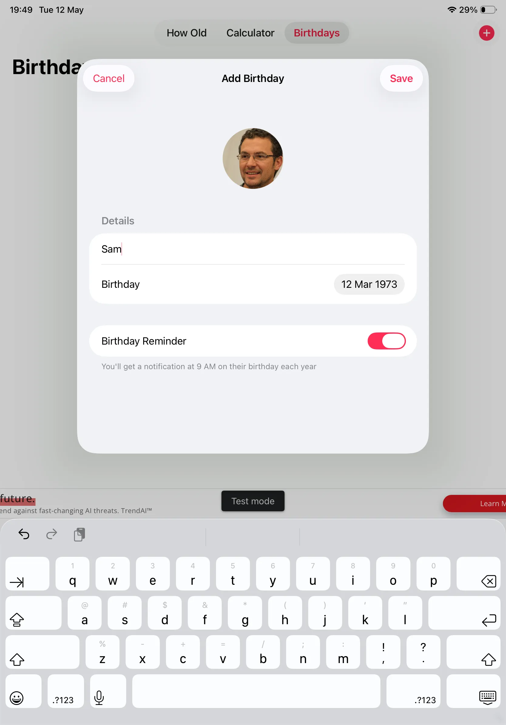 Add Birthday sheet on iPad with Sam, 12 March 1973, Birthday Reminder enabled