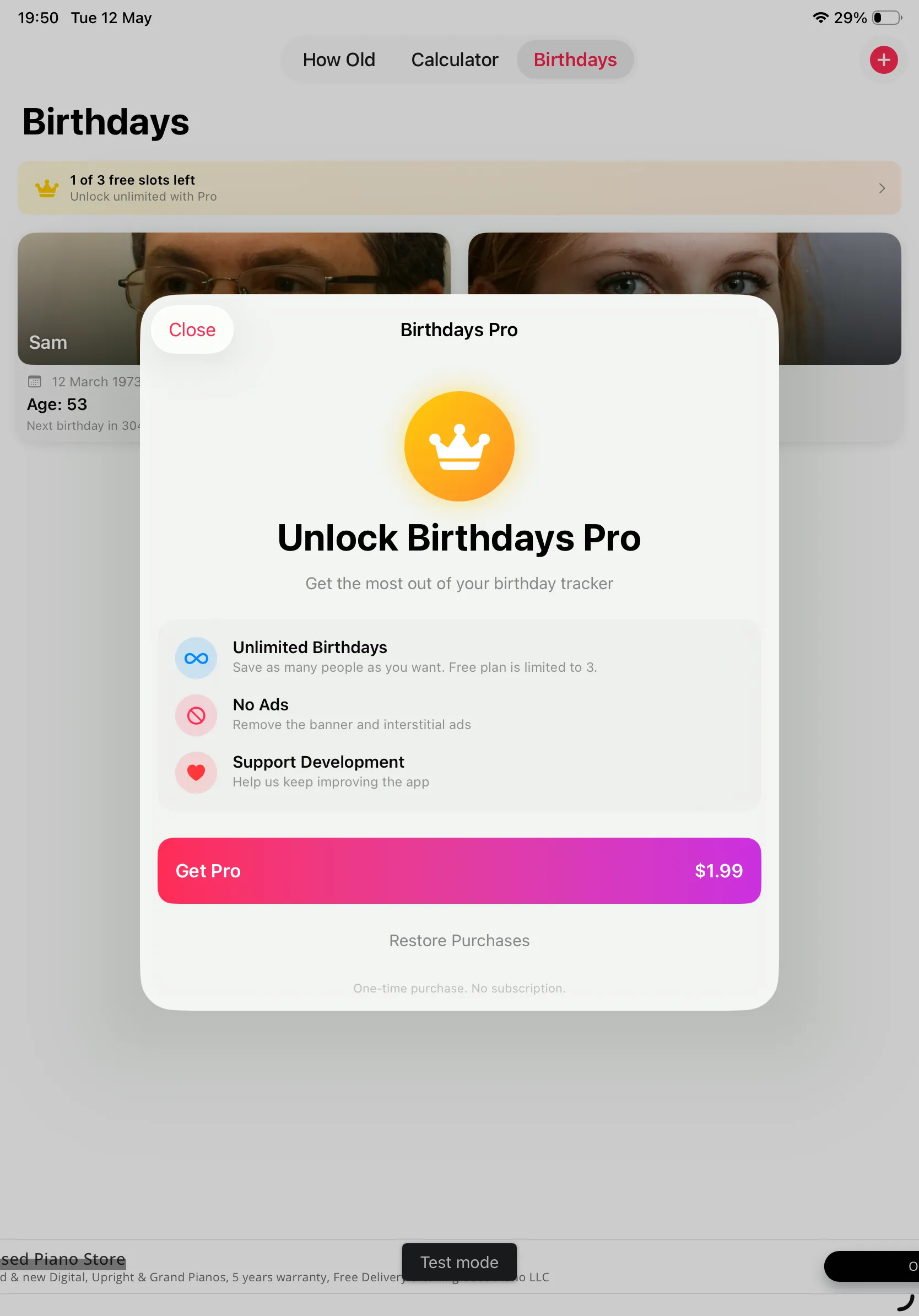Birthdays Pro paywall on iPad showing $1.99 one-time purchase and benefits