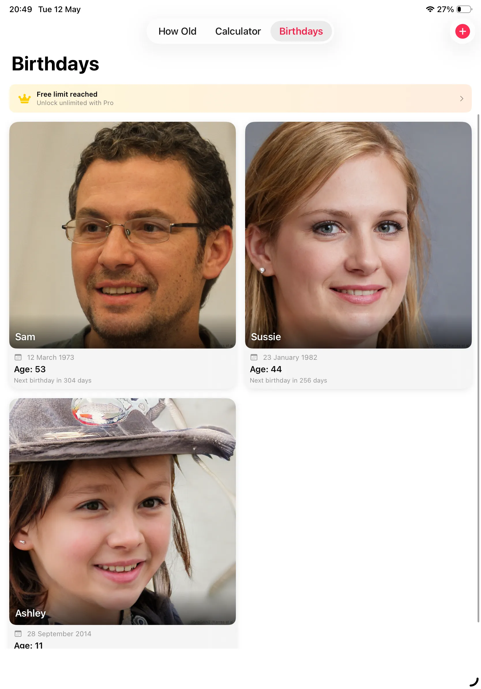 Birthdays list on iPad showing Sam, Sussie and Ashley cards with Free limit reached banner