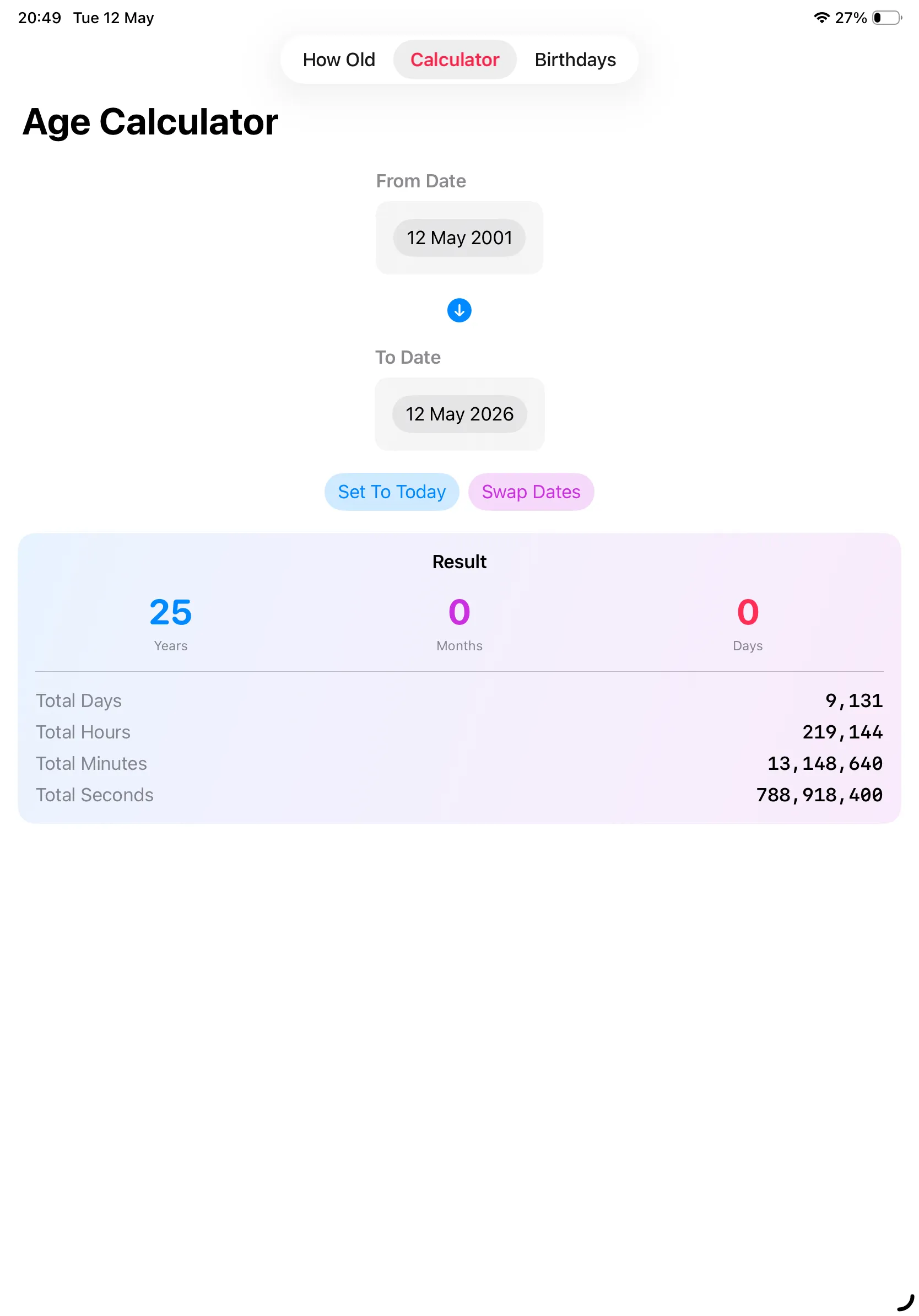 Age Calculator on iPad with From and To dates and full result panel