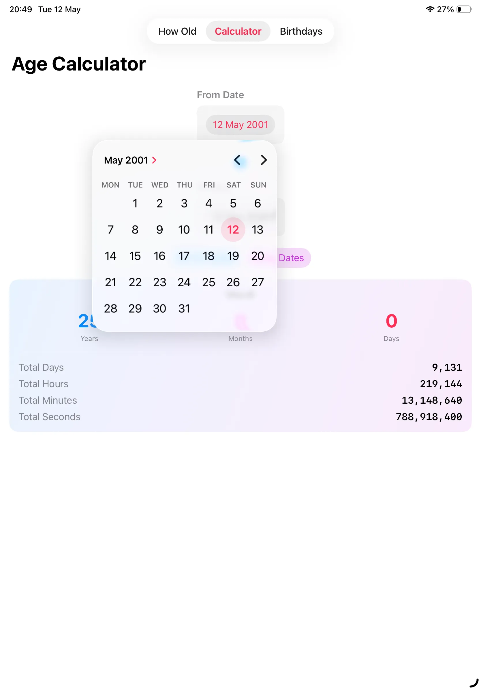 Calculator on iPad with calendar picker open showing May 2001