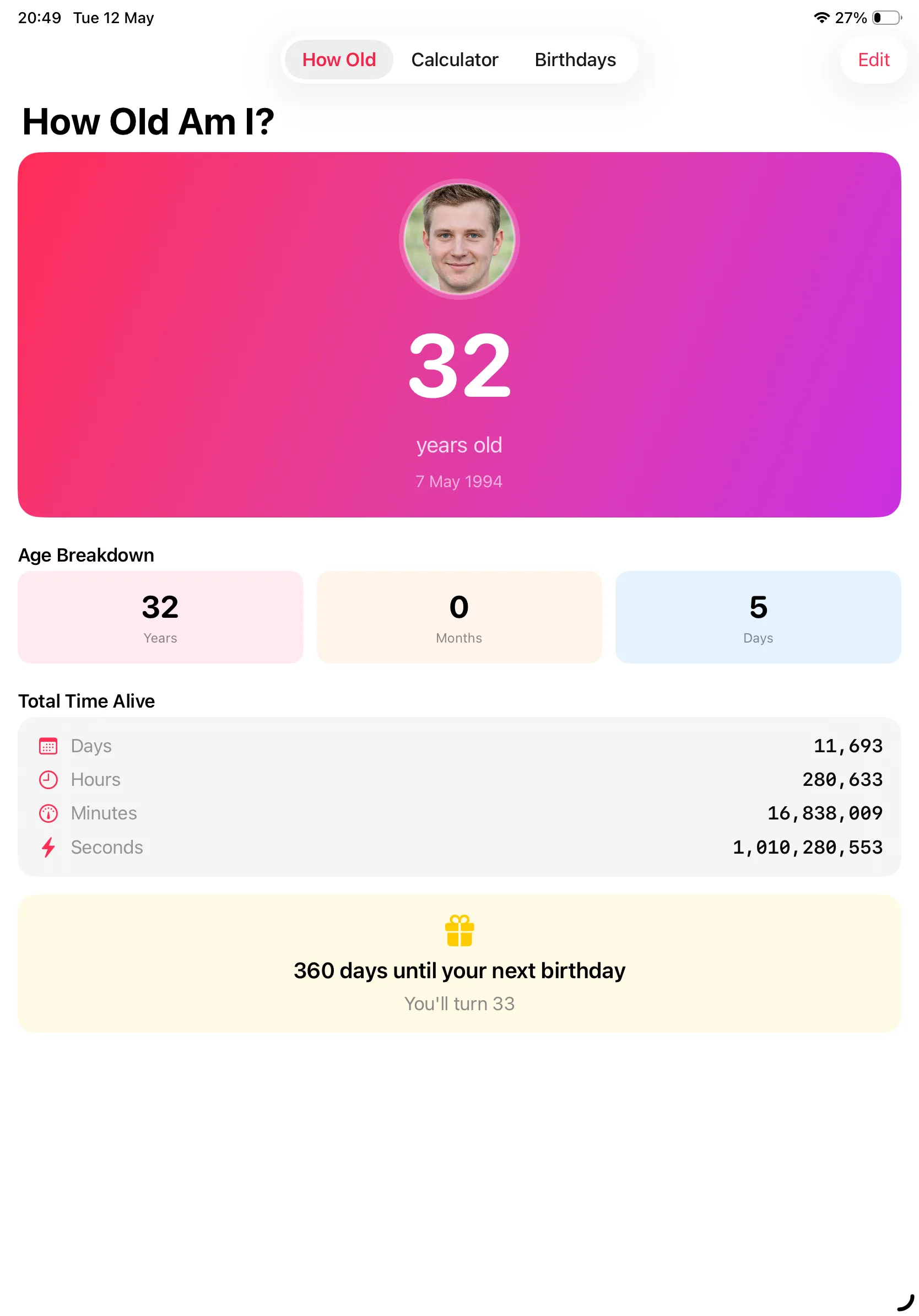 How Old Am I tab on iPad with the bright pink age hero card