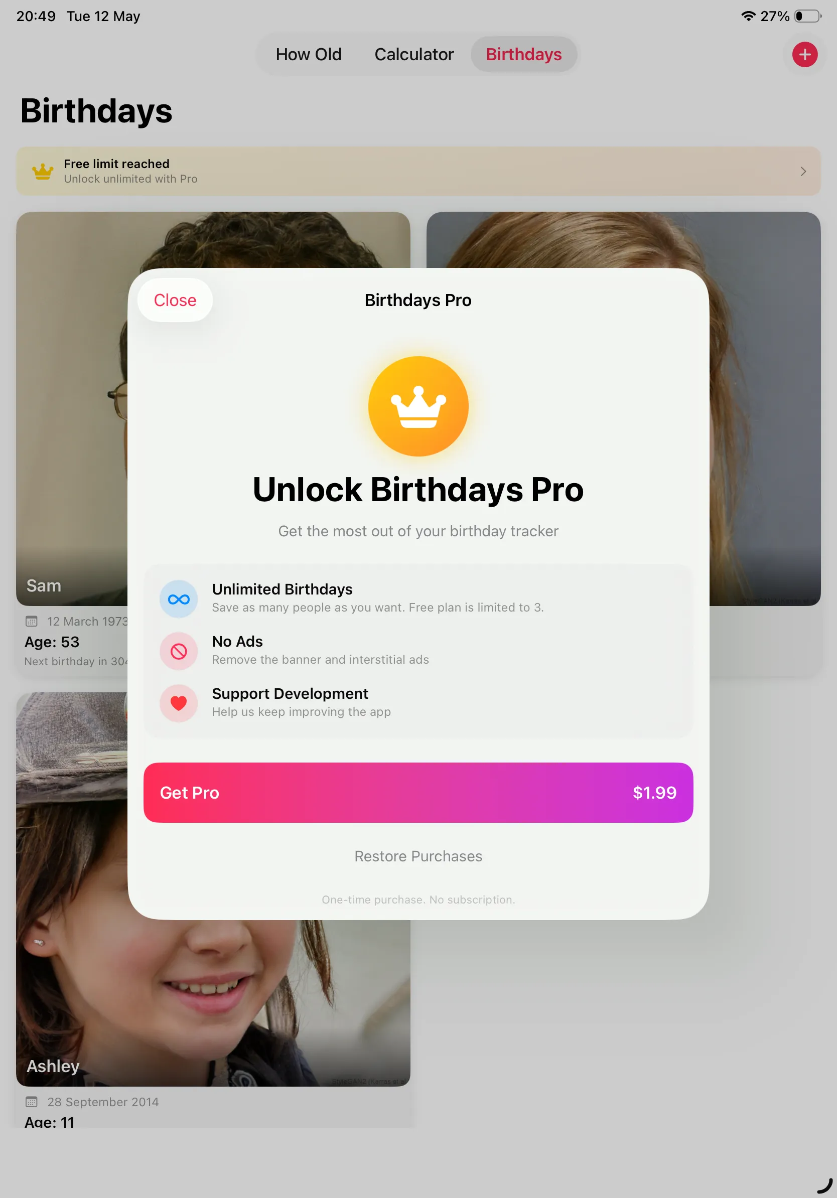 Birthdays Pro paywall on iPad over the birthdays list
