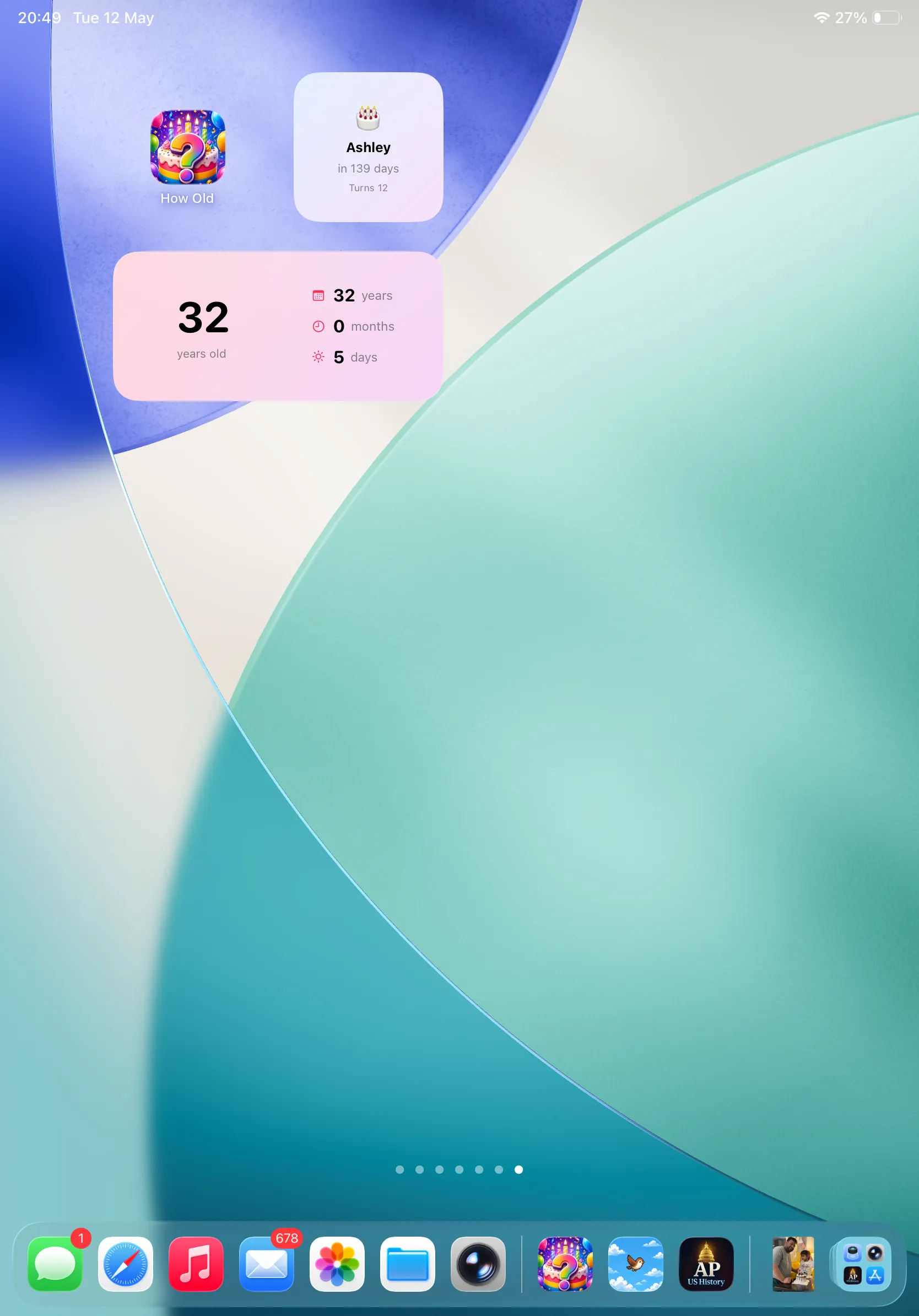 Home Screen on iPad showing How Old widget and Upcoming Birthday widget
