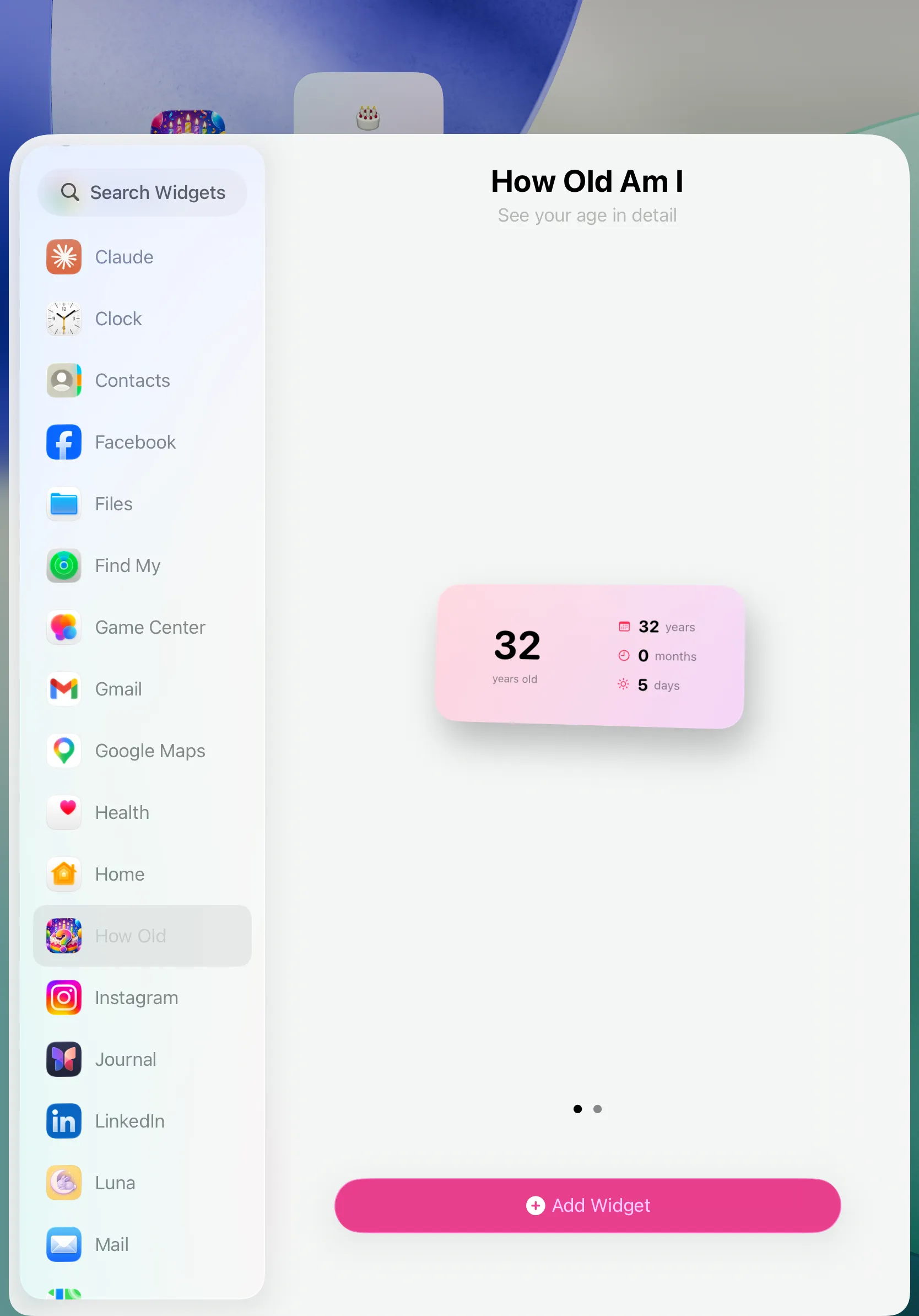 Widget gallery on iPad showing the How Old Am I medium widget