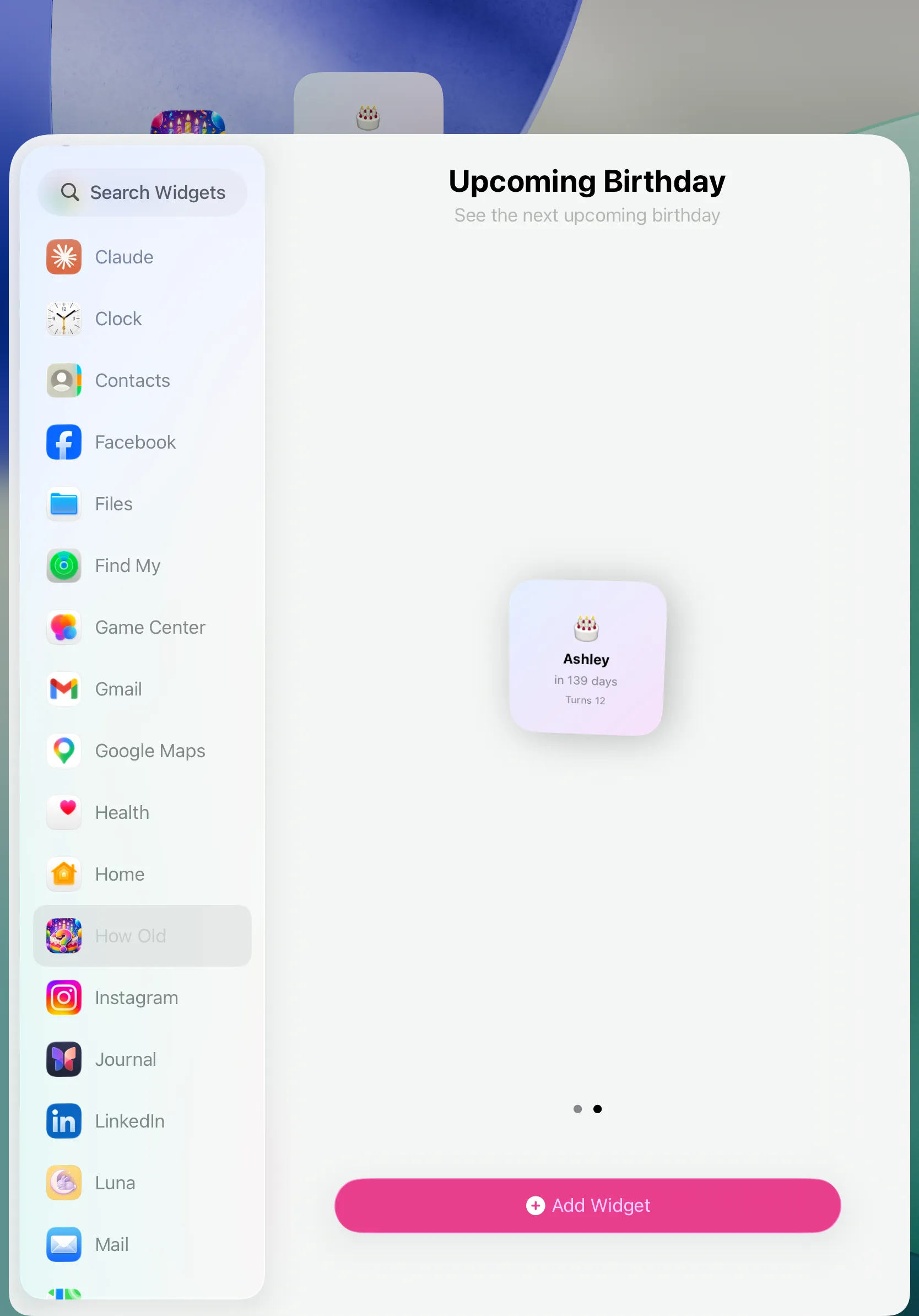 Widget gallery on iPad showing the Upcoming Birthday small widget