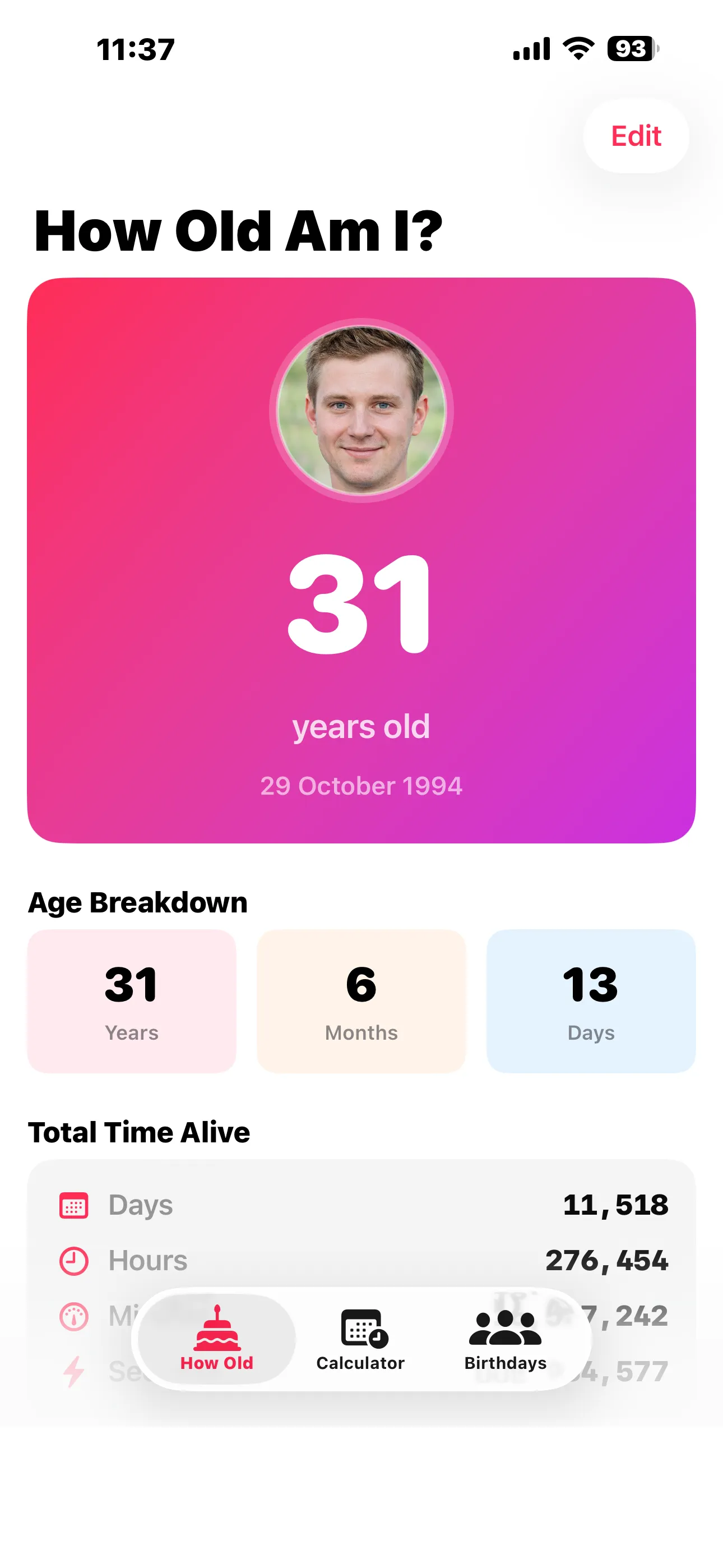 How Old Am I main tab on iPhone showing 31 years old with photo and pink hero card