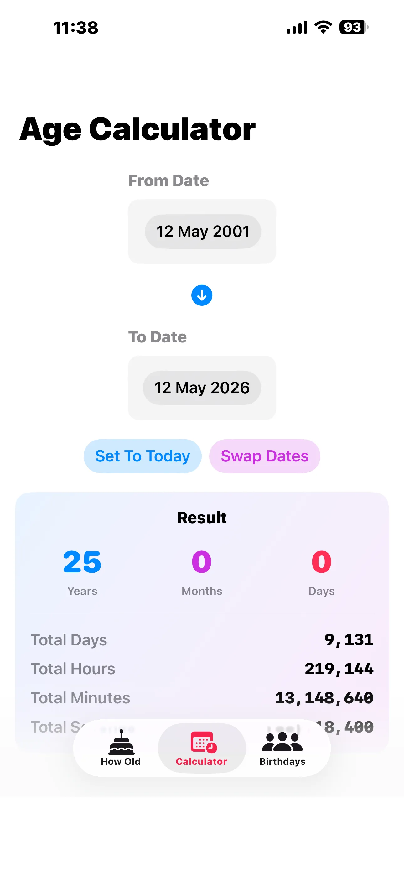 Age Calculator on iPhone with From and To dates and result panel
