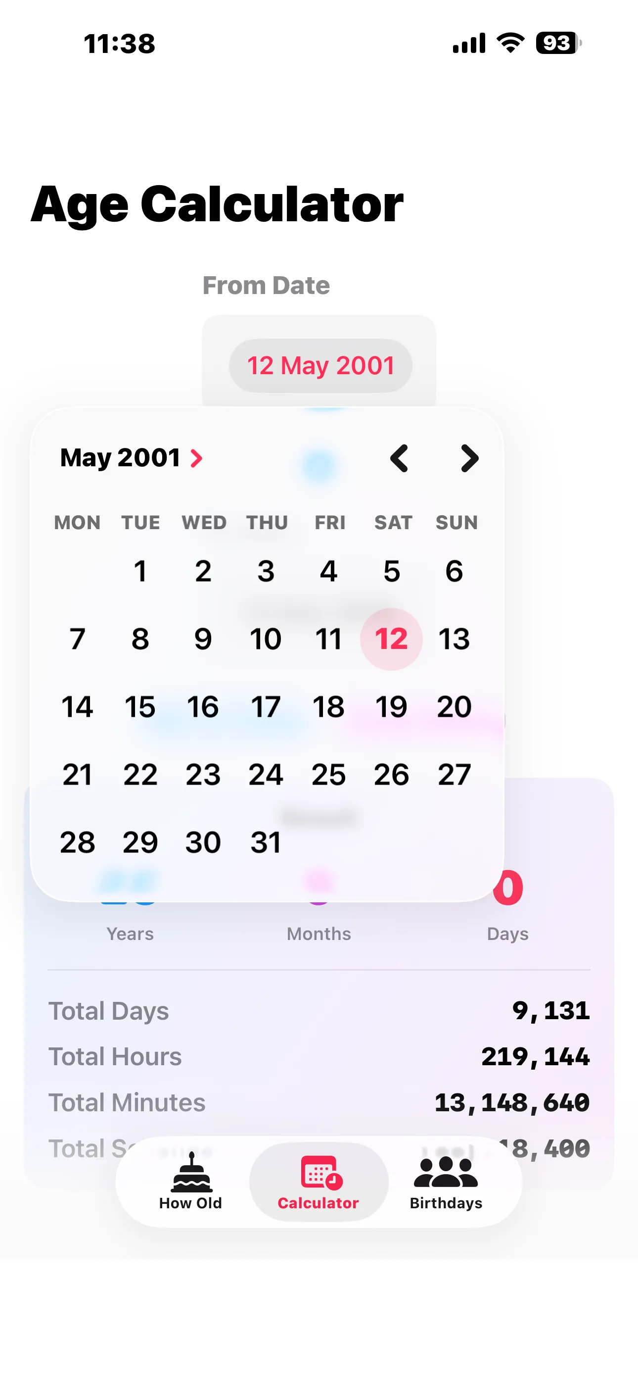 Age Calculator on iPhone with calendar picker open on May 2001