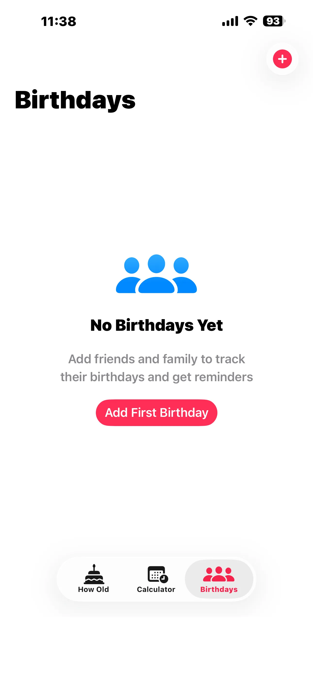 Birthdays empty state on iPhone inviting you to add your first birthday