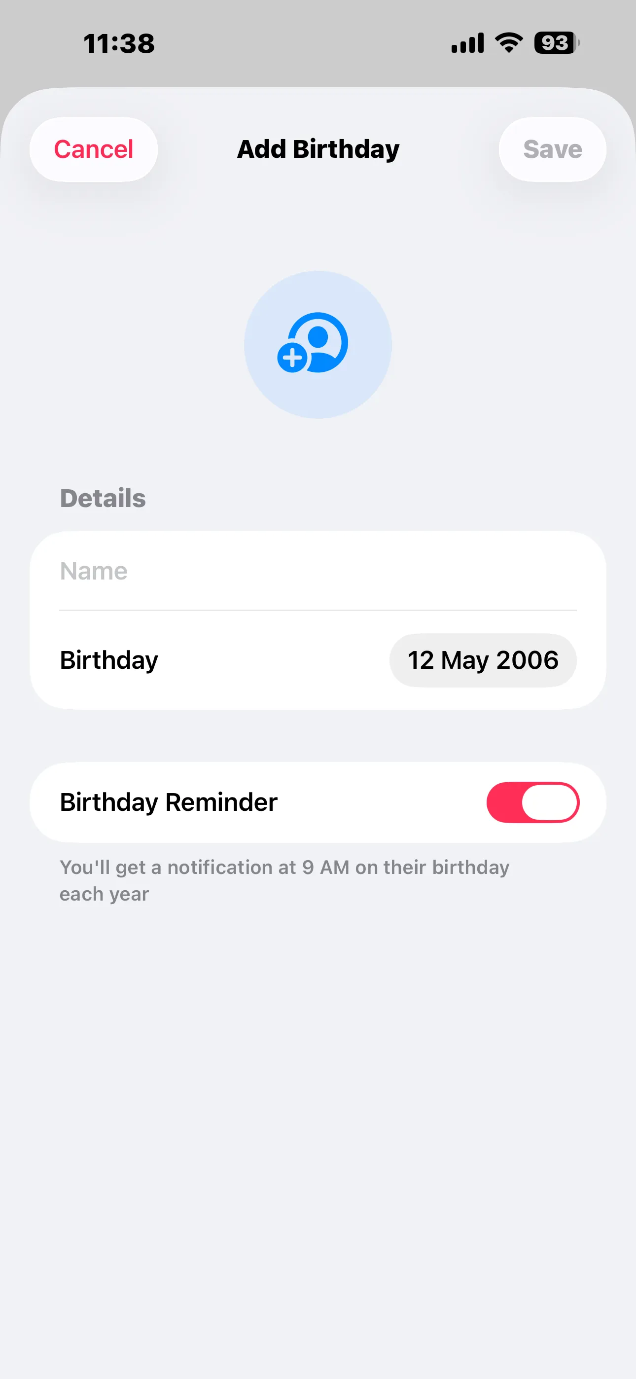 Add Birthday sheet on iPhone with name field, date picker and Birthday Reminder toggle
