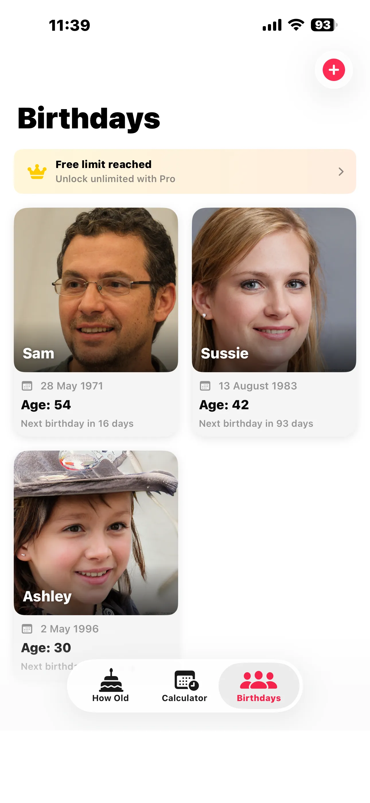 Birthdays list on iPhone showing Sam, Sussie and Ashley with free limit reached banner