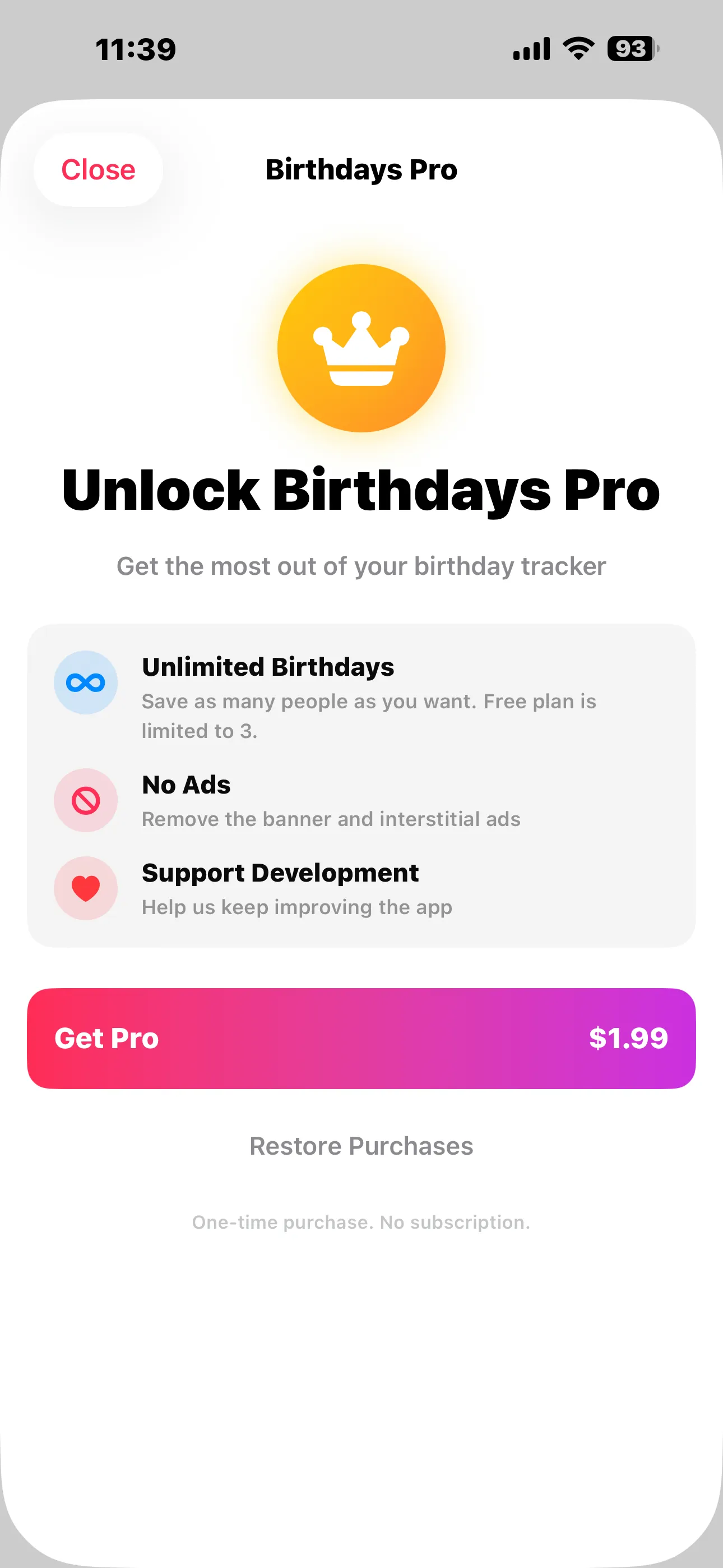Birthdays Pro paywall on iPhone with $1.99 one-time purchase, unlimited birthdays, no ads
