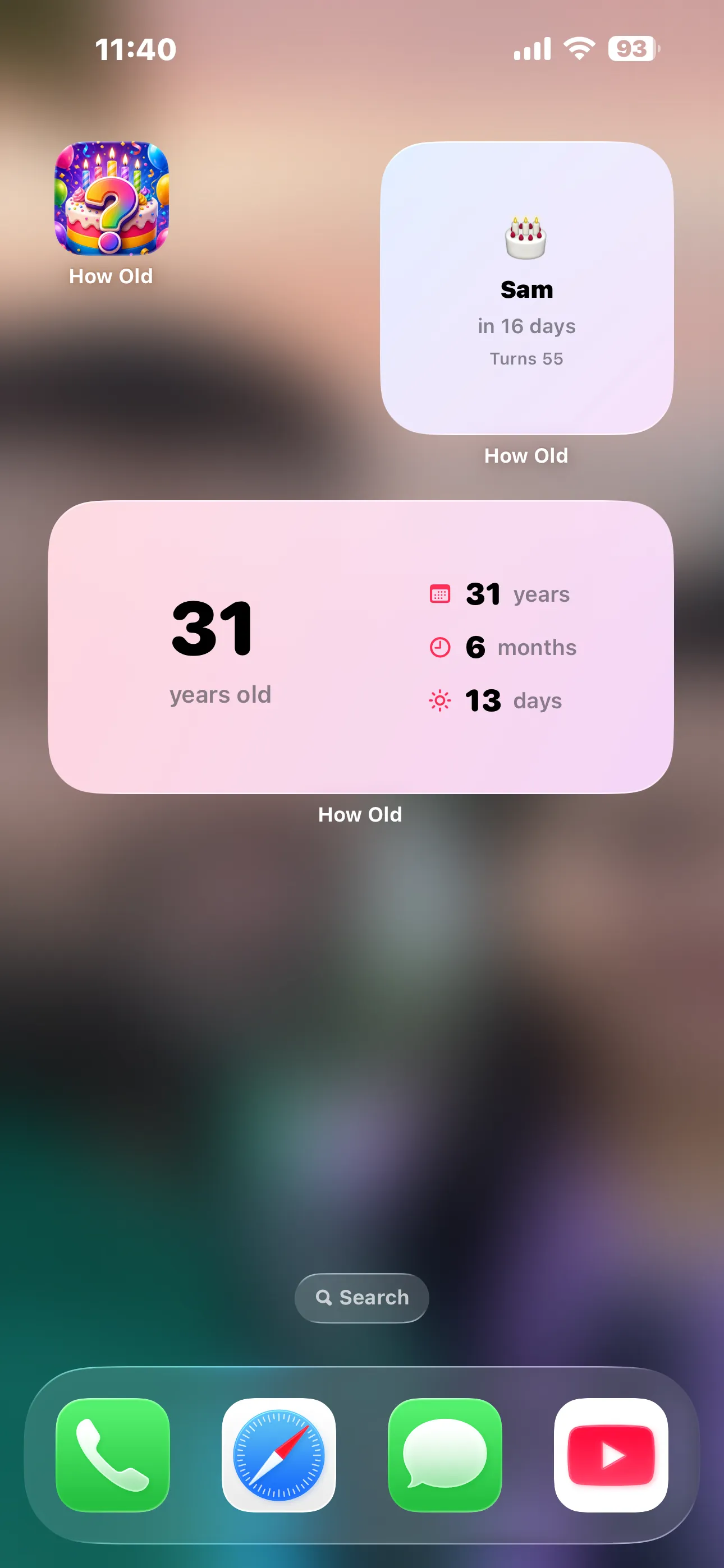Home Screen with How Old medium widget and Upcoming Birthday small widget