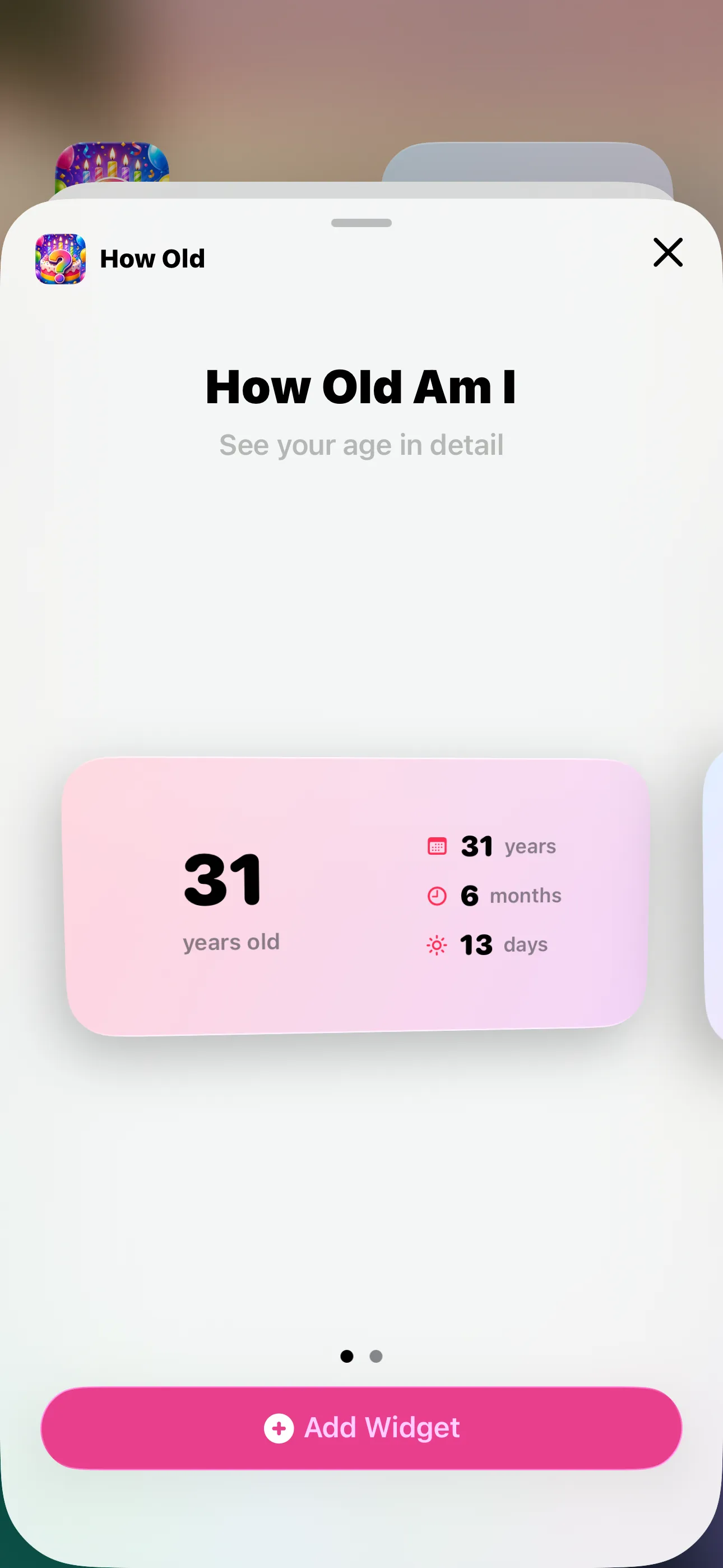 Widget gallery picker showing the How Old Am I medium widget