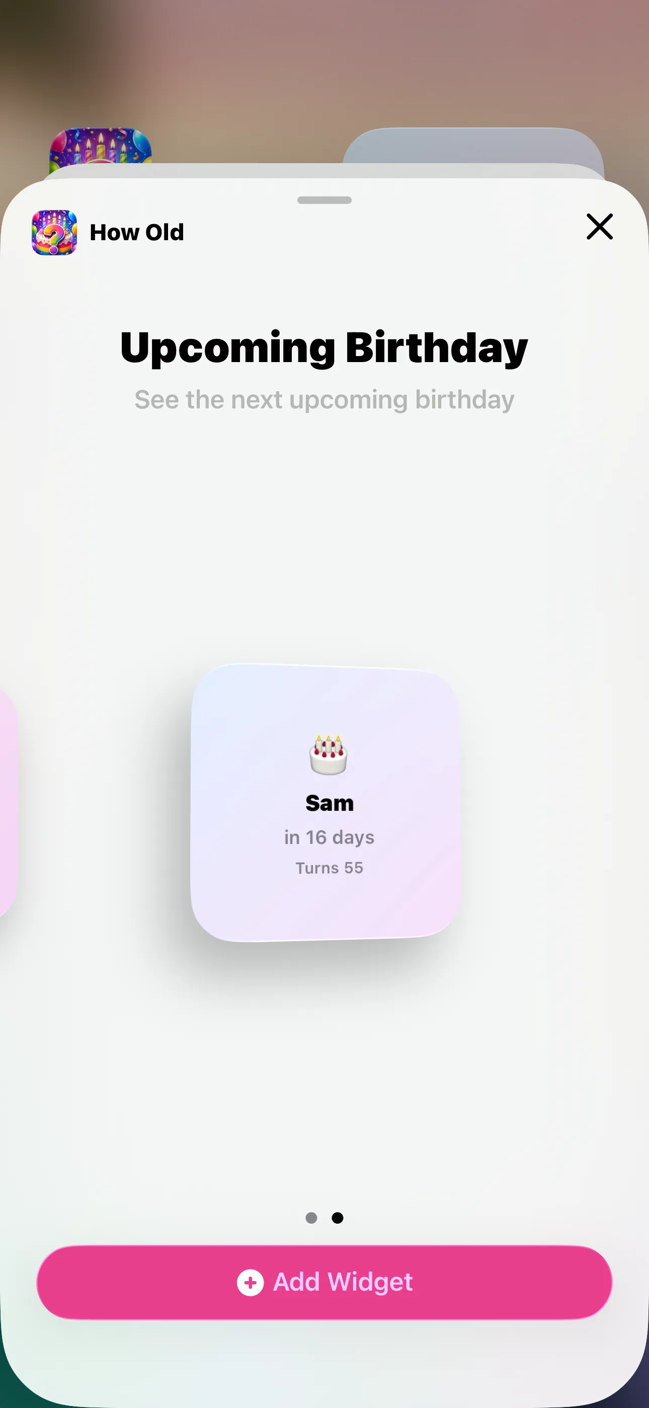 Widget gallery picker showing the Upcoming Birthday small widget