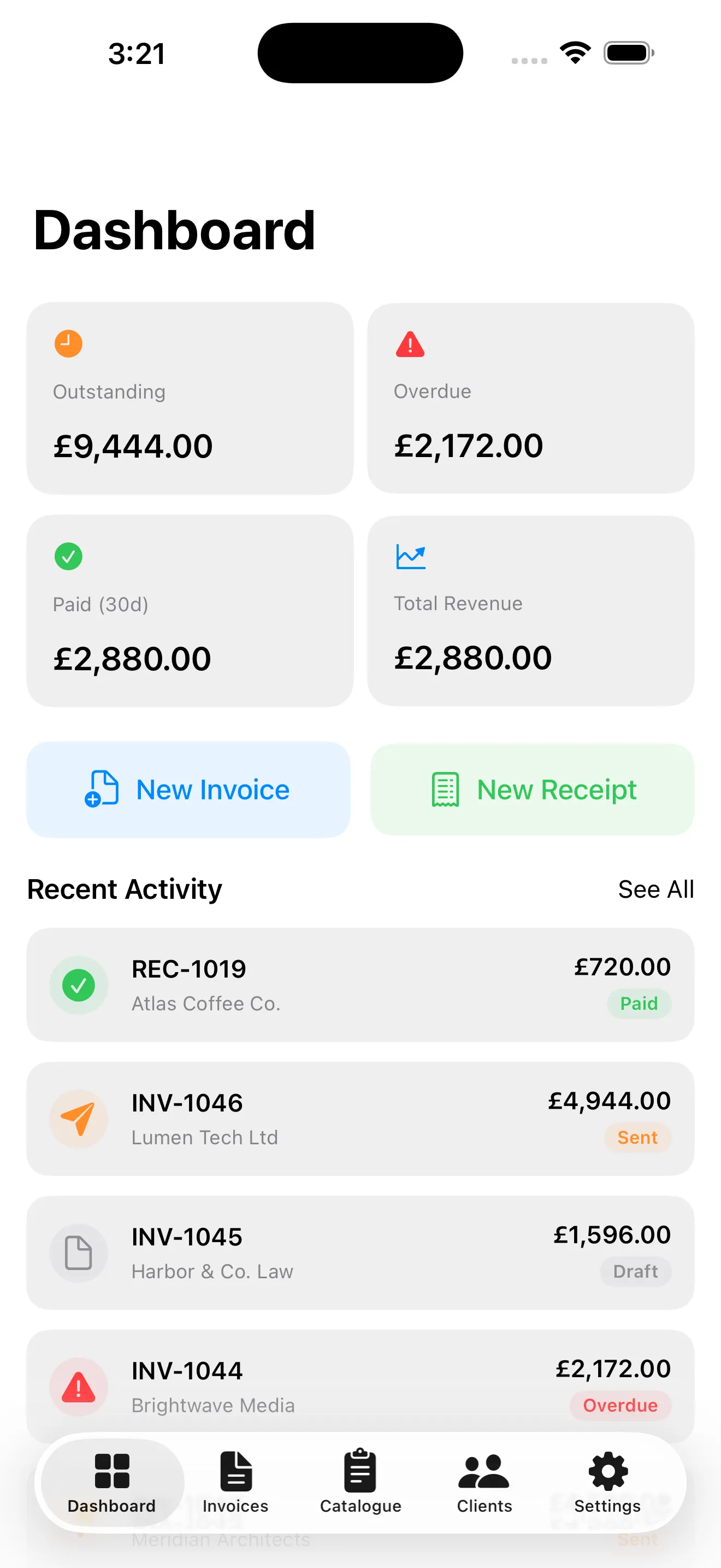 Dashboard showing outstanding, overdue, paid and total revenue with recent activity