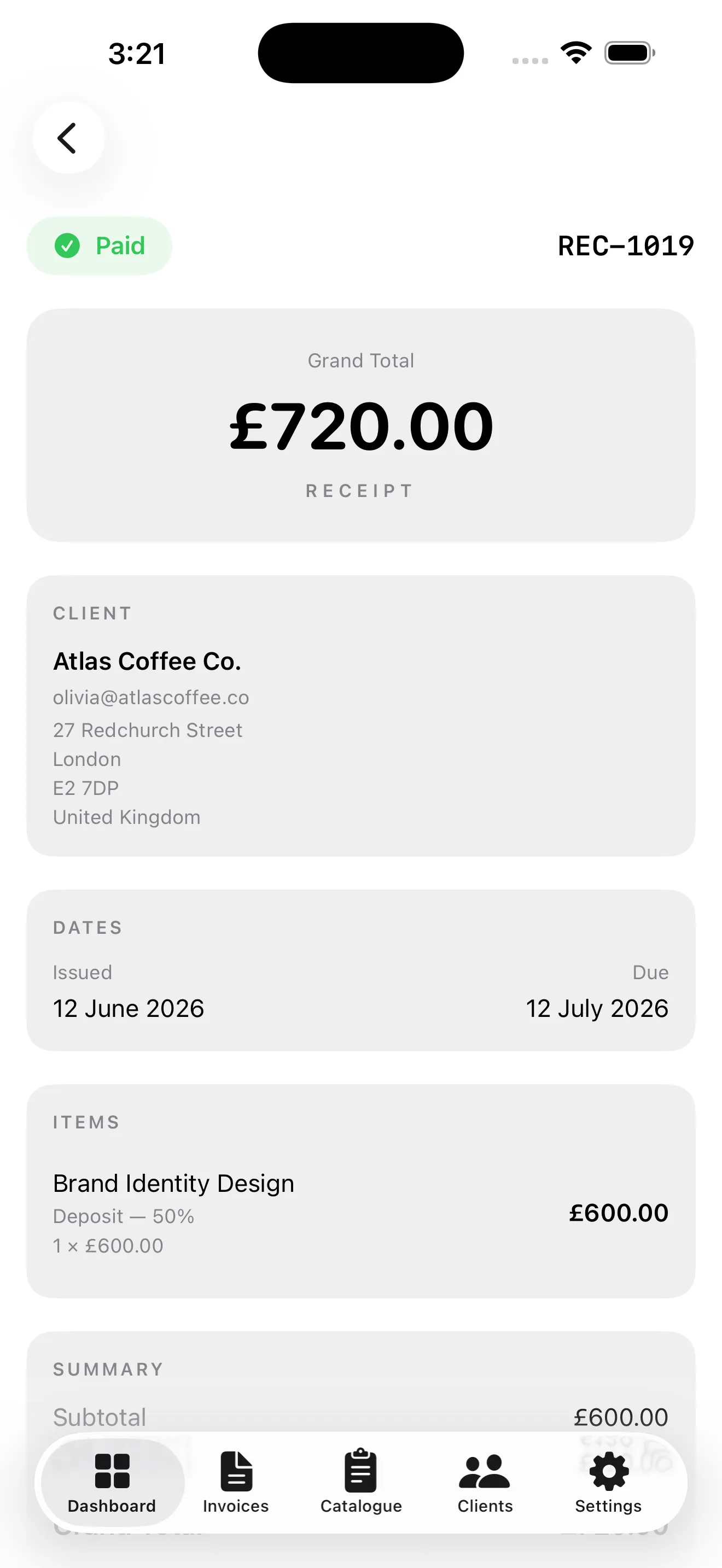 Receipt detail with client, dates, items and summary
