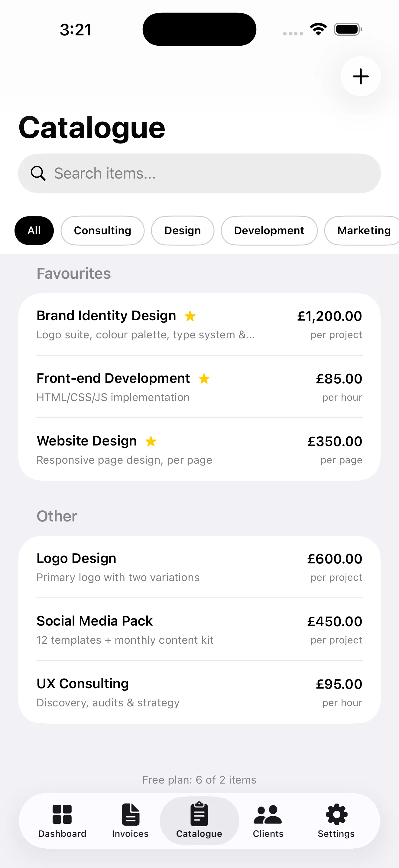 Catalogue of reusable services and products with favourites and categories