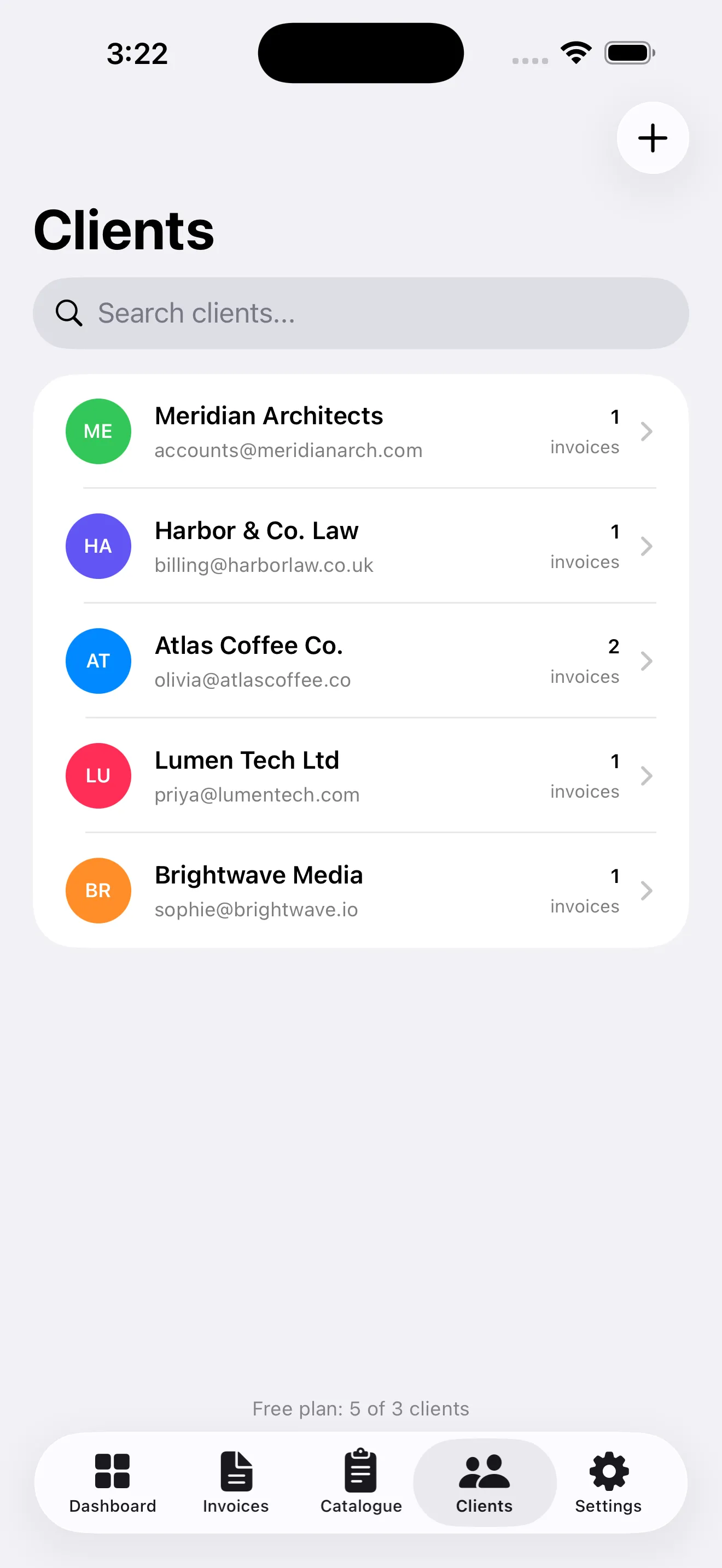 Clients list with colour-coded avatars and invoice counts