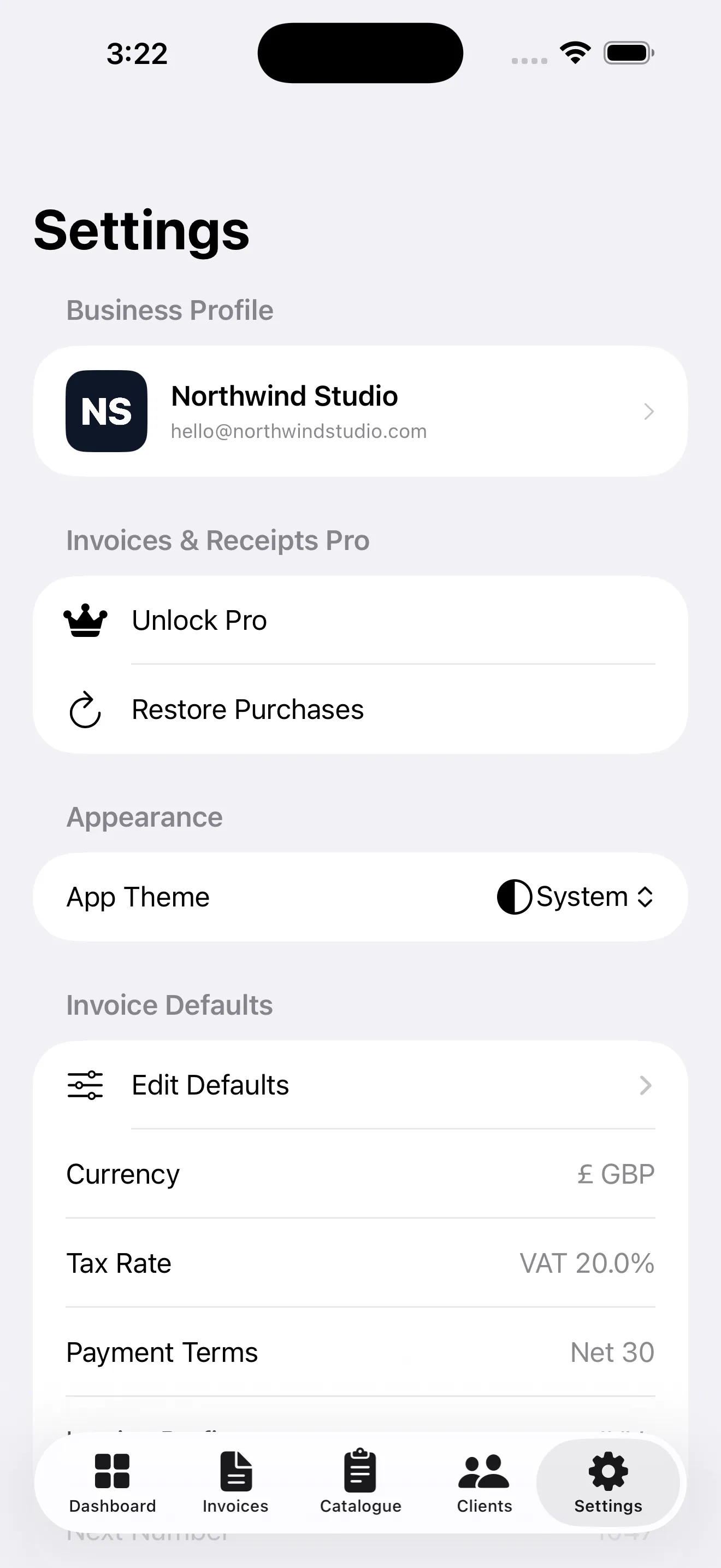 Settings with business profile, theme and invoice defaults
