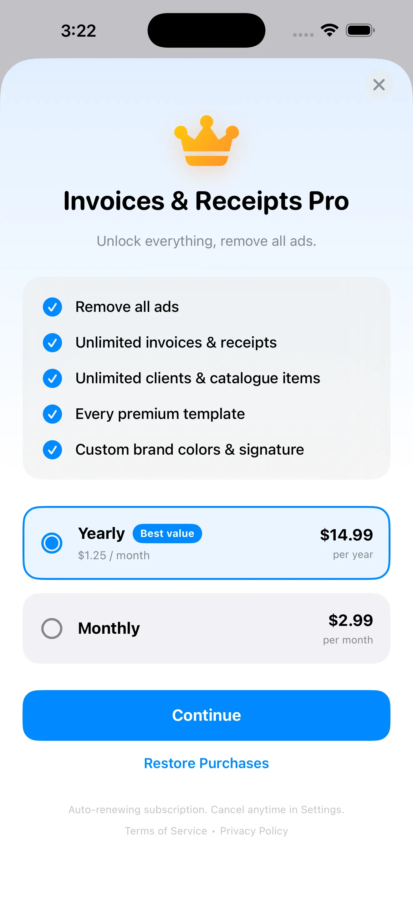 Invoices & Receipts Pro upgrade removing ads and unlocking everything