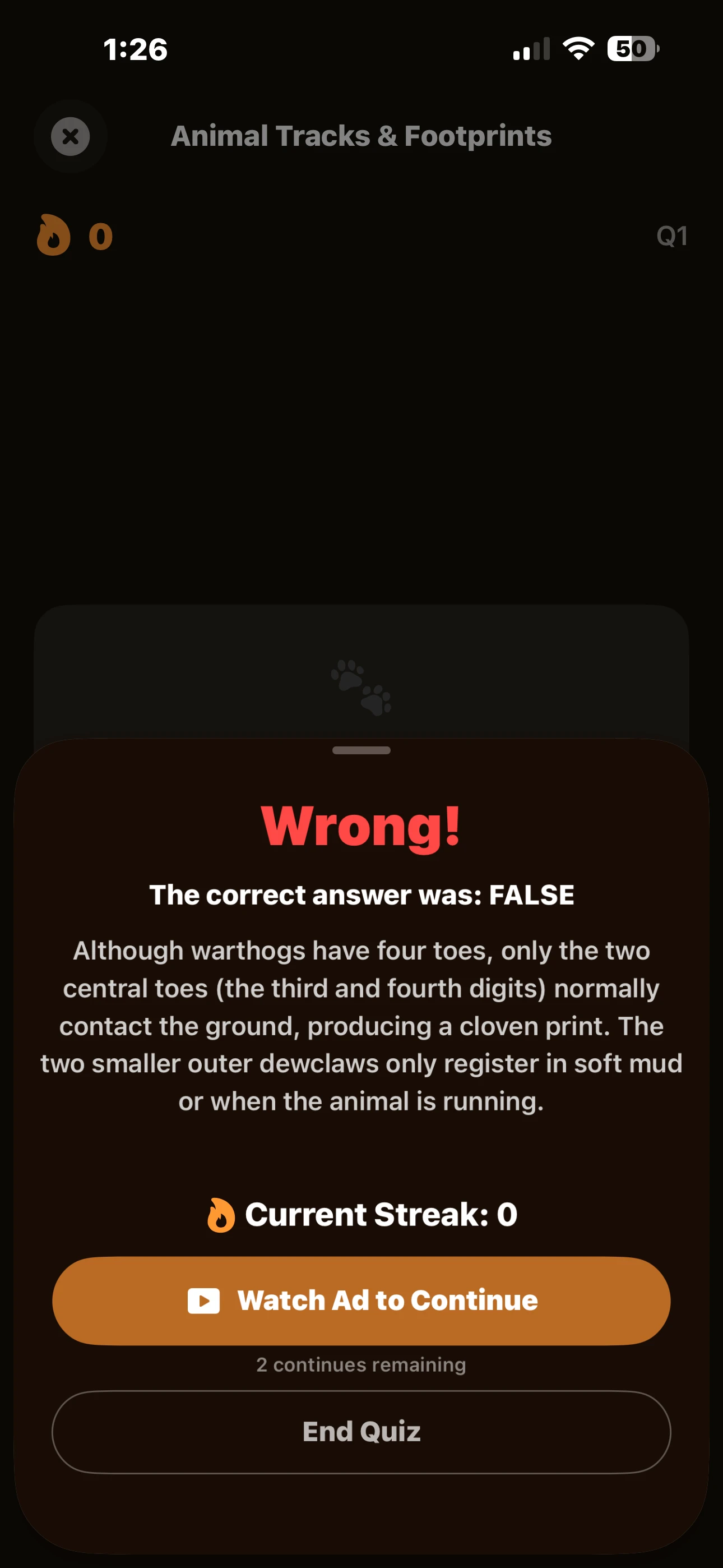 iPhone - Wrong Answer & Watch Ad to Continue