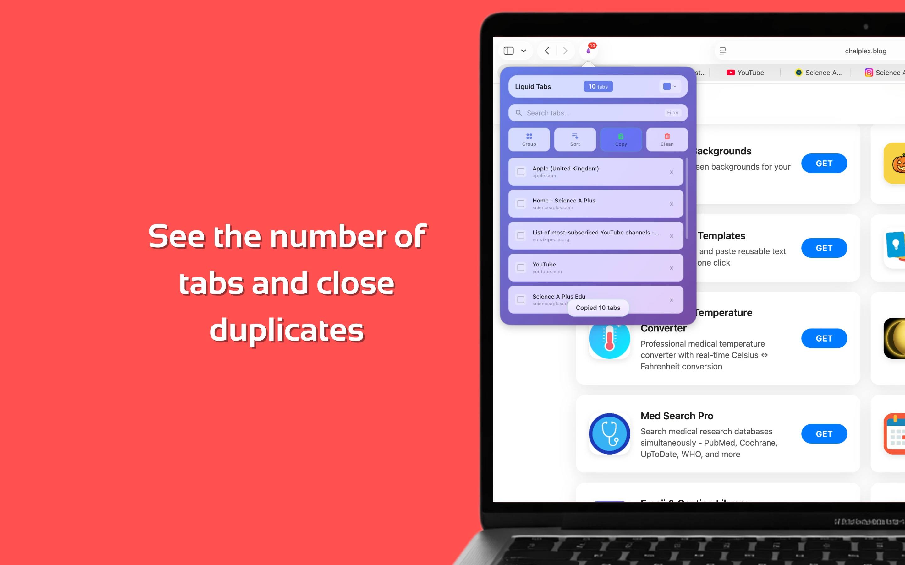 Tab counter and close duplicates
