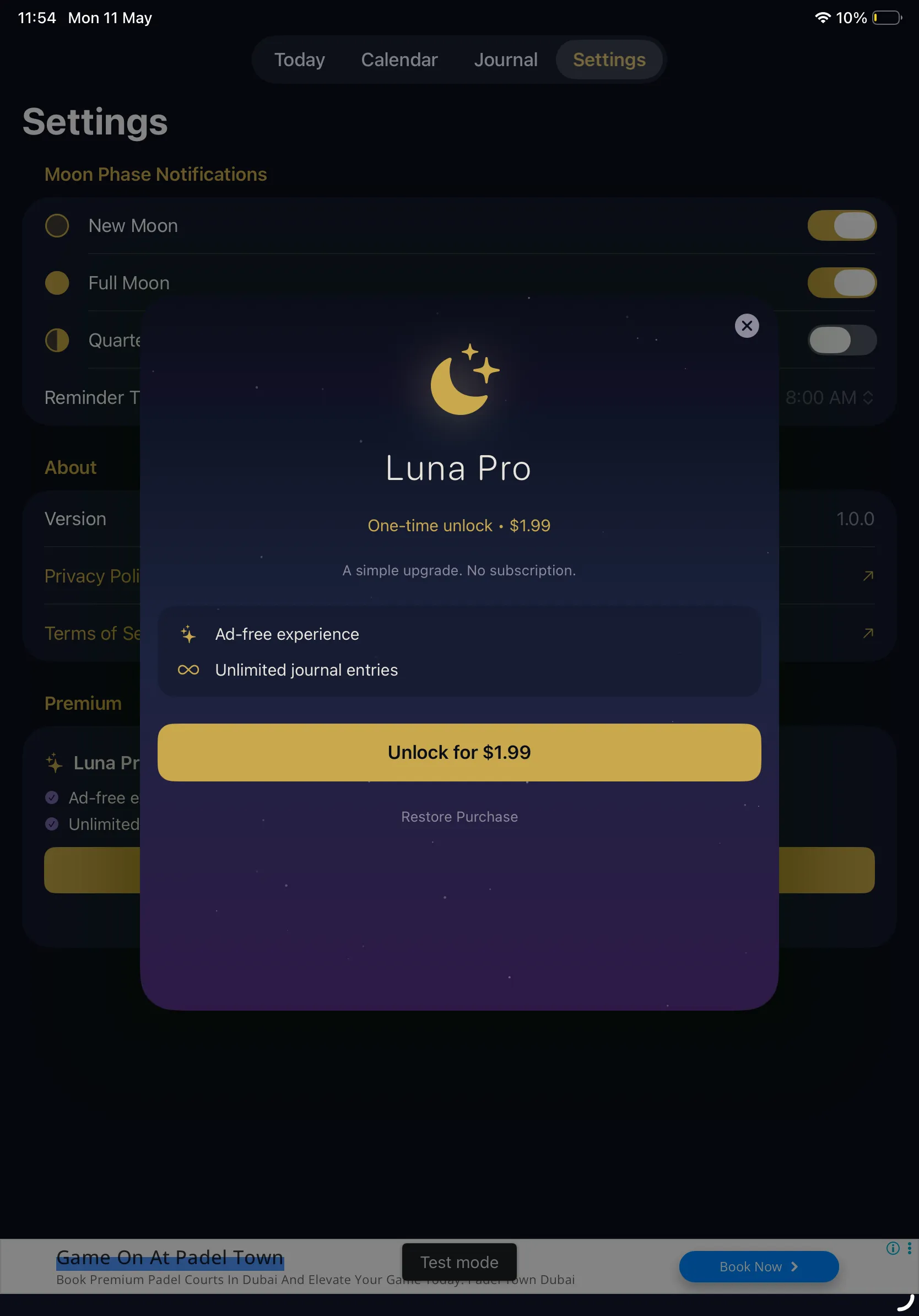 Luna Pro paywall on iPad showing one-time 1.99 unlock