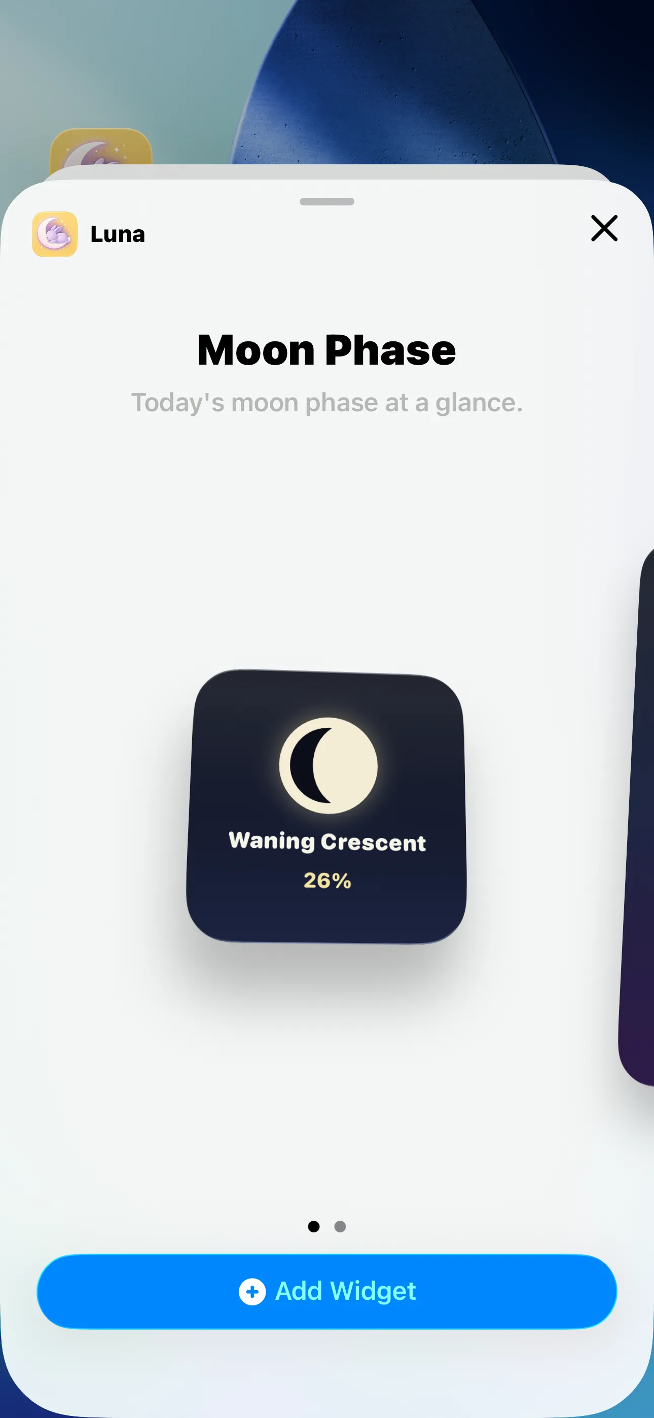Luna Moon Phase widget preview in iOS widget gallery showing waning crescent