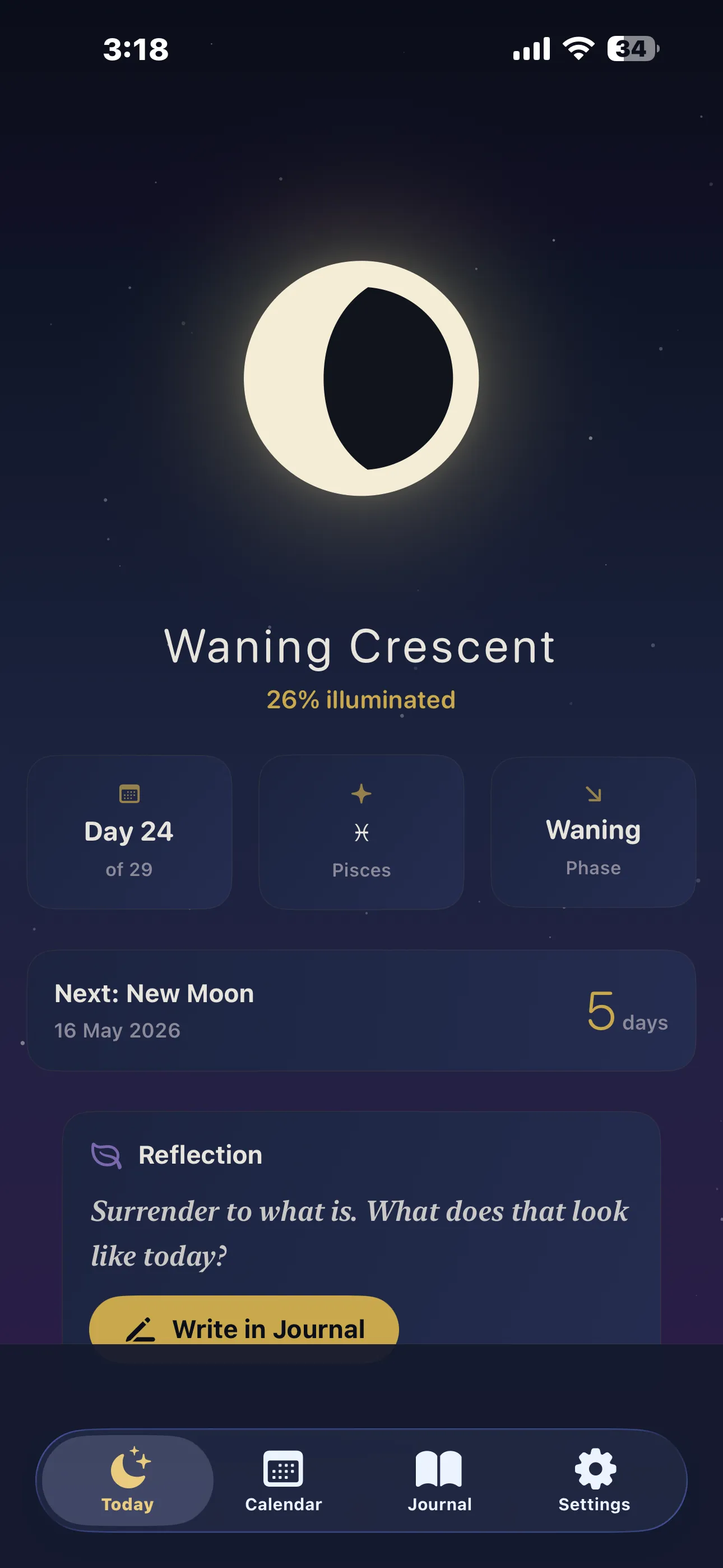 Luna Journal Today view showing waning crescent moon, 26% illuminated, day 24 of 29 in Pisces, next new moon in 5 days