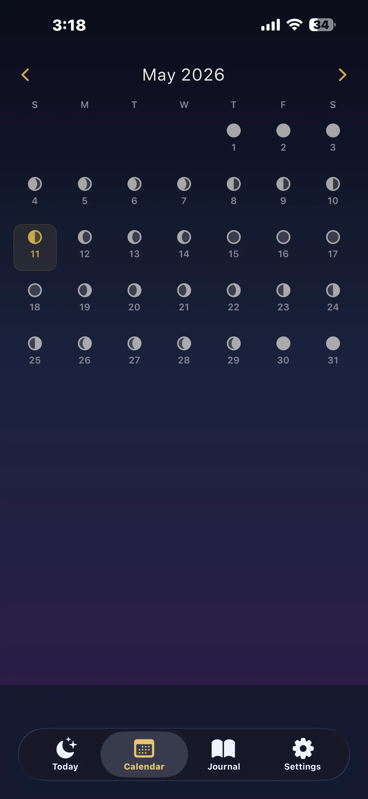 Luna Journal lunar calendar for May 2026 with a moon glyph on every date