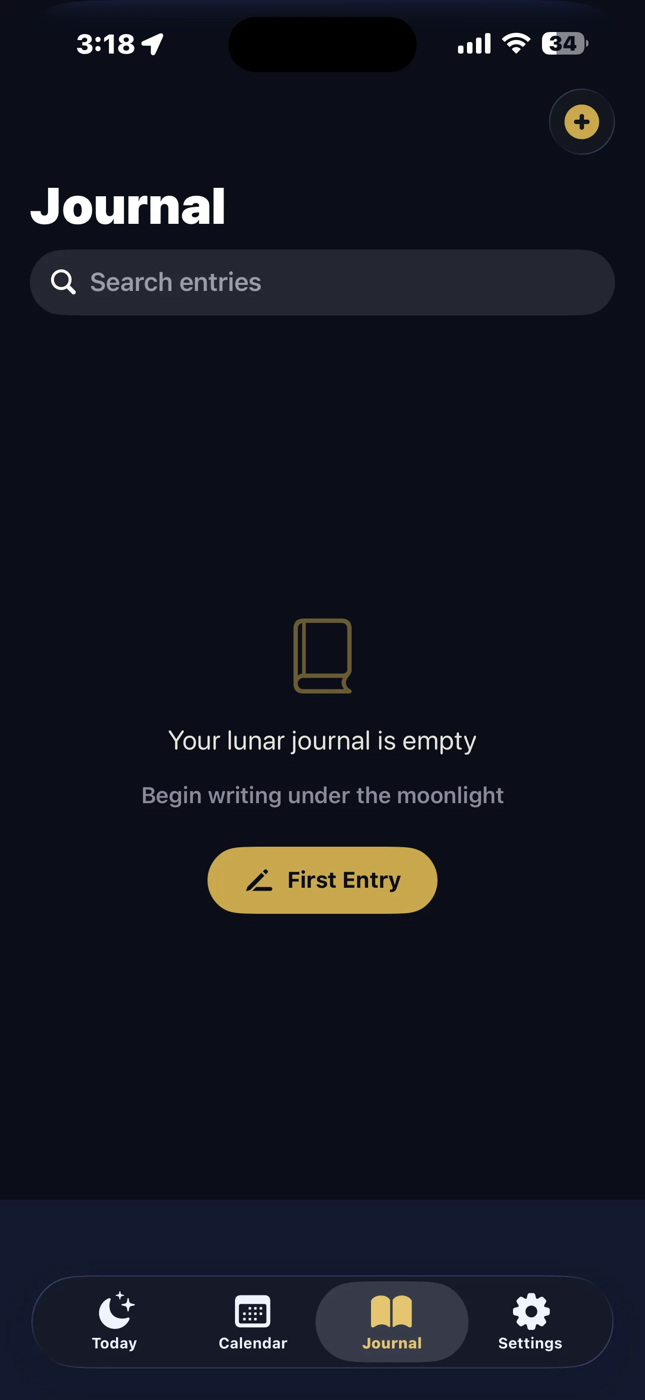 Luna Journal empty journal state inviting first entry under the moonlight