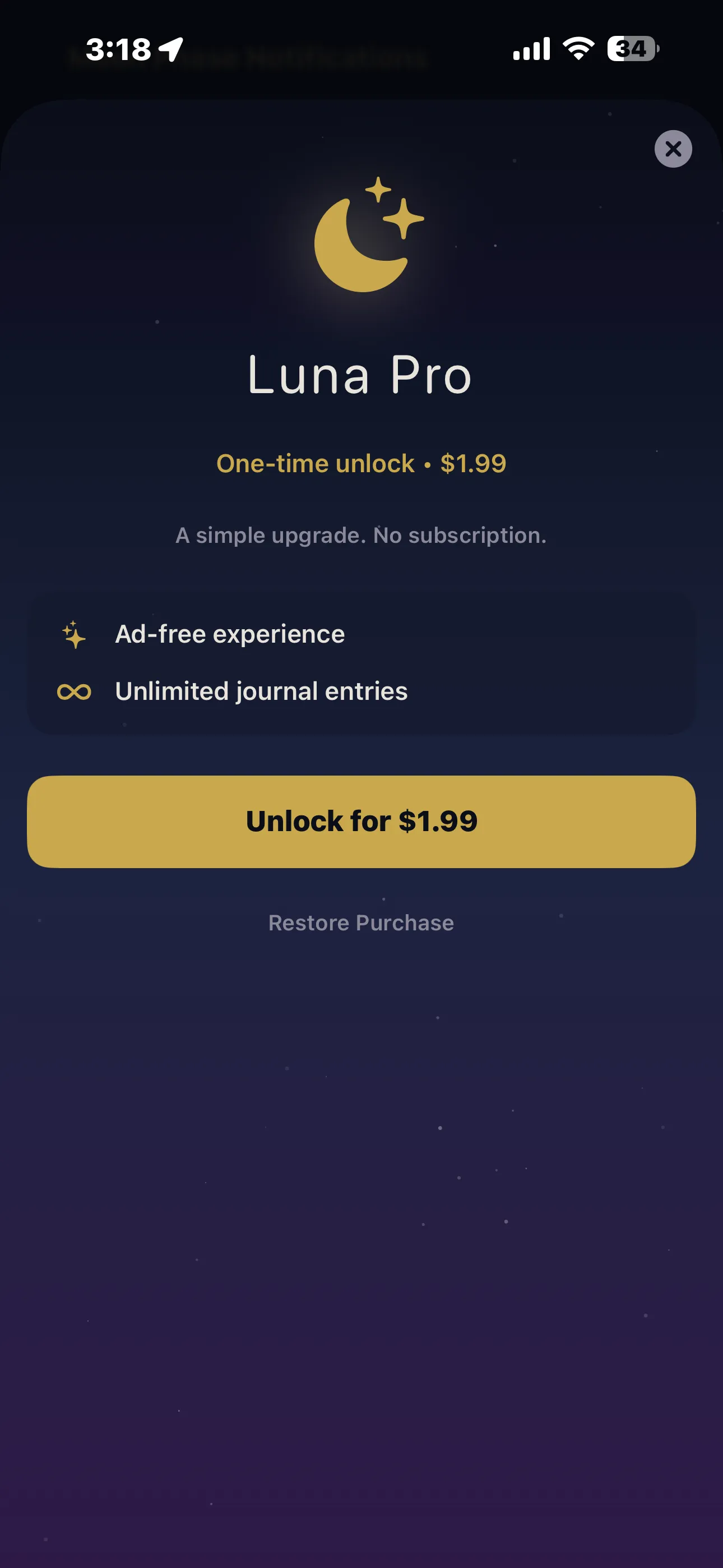 Luna Journal Pro paywall showing one-time 1.99 unlock with ad-free experience and unlimited journal entries